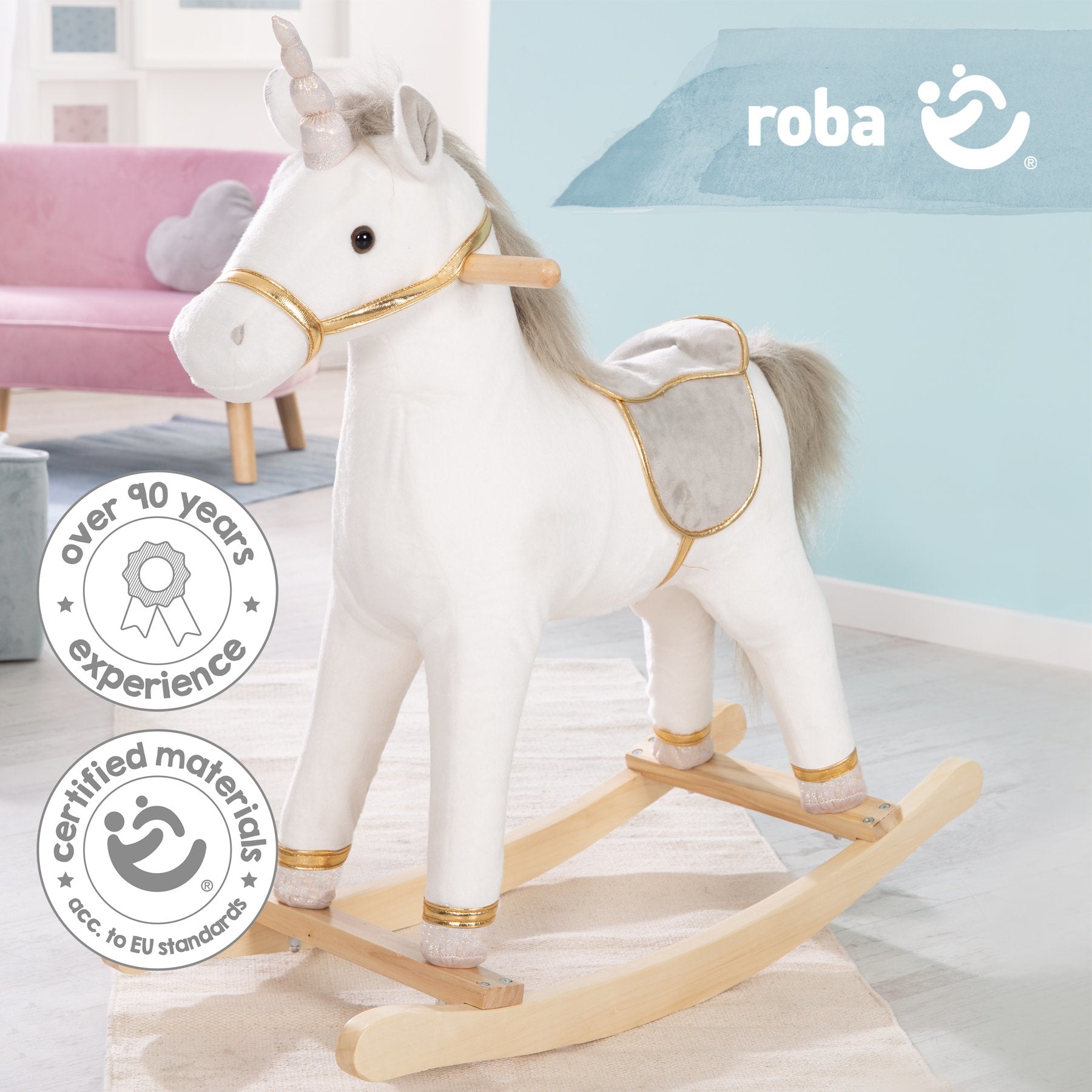roba 460120 Schaukelspielzeug Einhorn – 31 × 63 × 73 cm – ab 2 Jahren – Sperrholz, Polyester – grau/weiss/gold