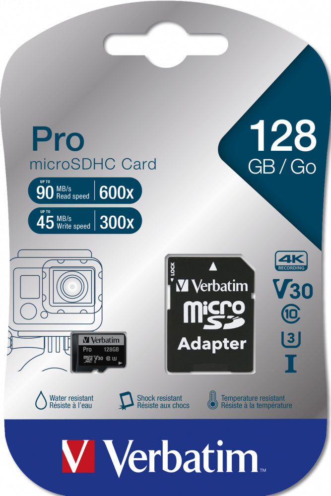 Verbatim Pro microSDXC 128 GB – UHS-I, Klasse 10, U3, V30, 90/45 MB/s, inkl. SD-Adapter, Schwarz