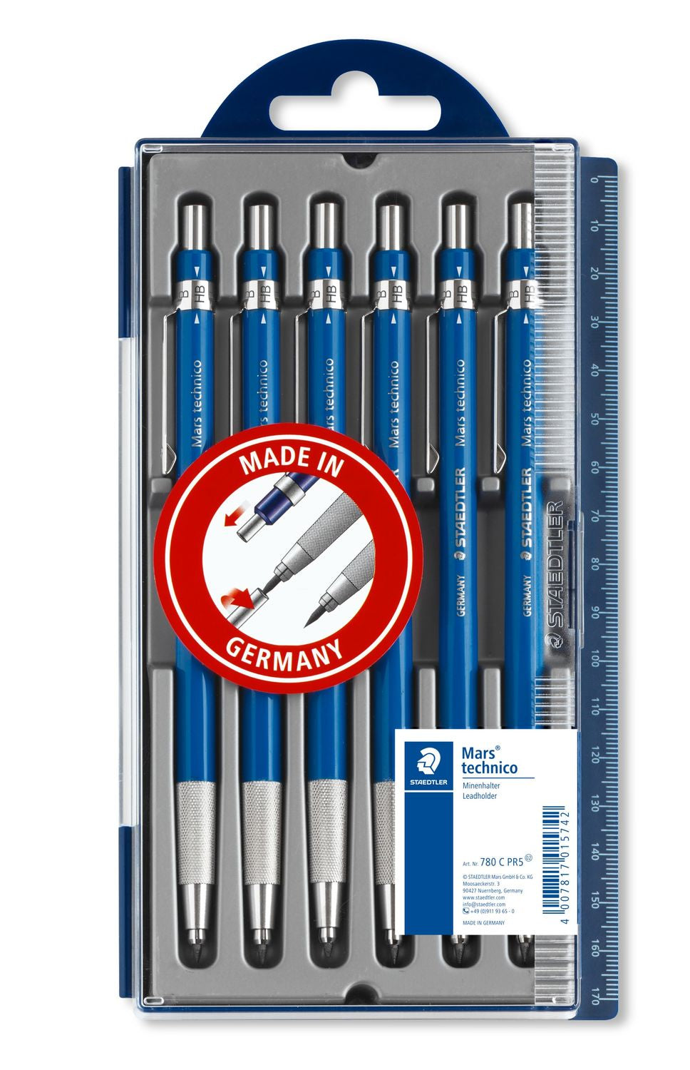 Staedtler Mars technico 780 C Fallminenstift – 2,0 mm – Metall – blau – mit Spitzer – 6er-Pack