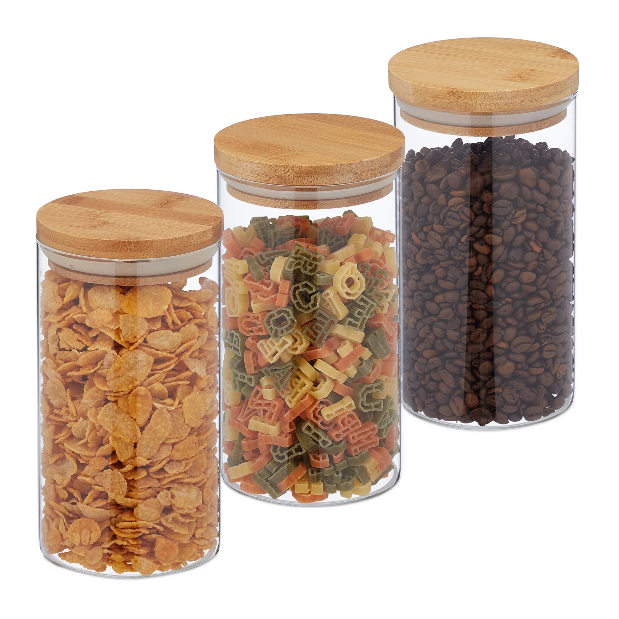 Relaxdays Vorratsdose 1 l, Ø 10 × 18 cm, Glas/Bambus/Silikon, 3er-Set, Transparent