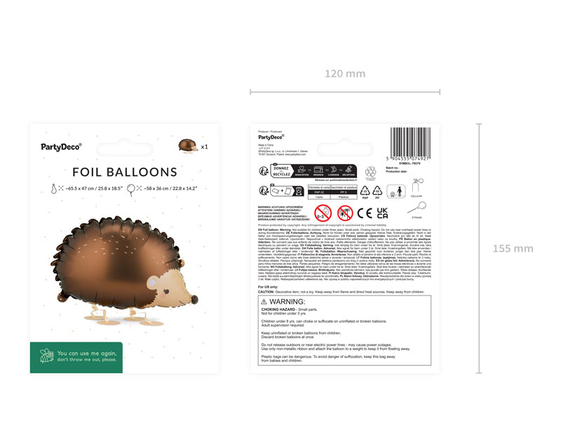PartyDeco Folienballon Igel – Braun – 58 × 36 cm – Folie – 1 Stk