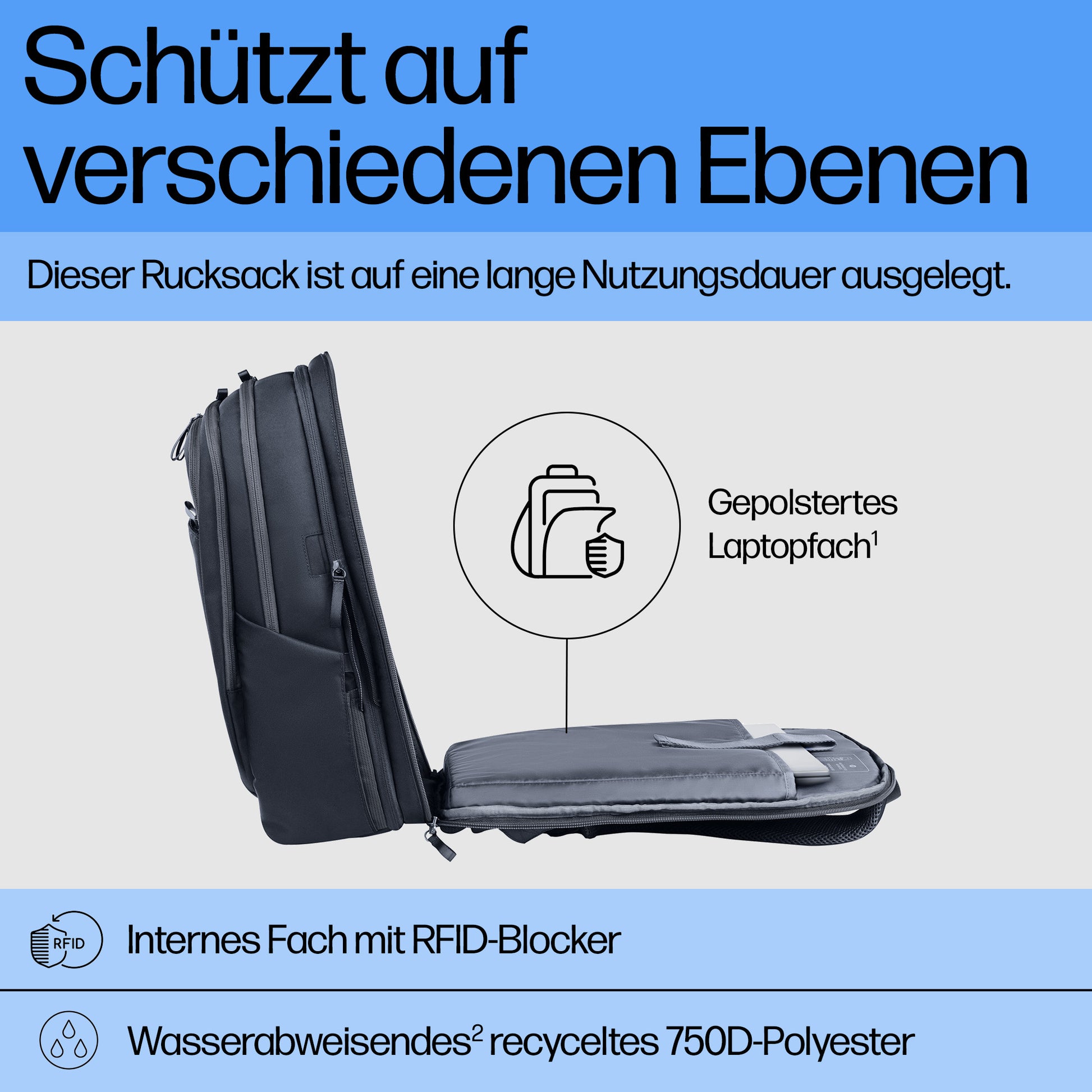 HP Notebook-Rucksack Travel Plus – für 17,3", 30–35 l, wasserfest, Polyester – Blau, 330 × 500 × 200 mm