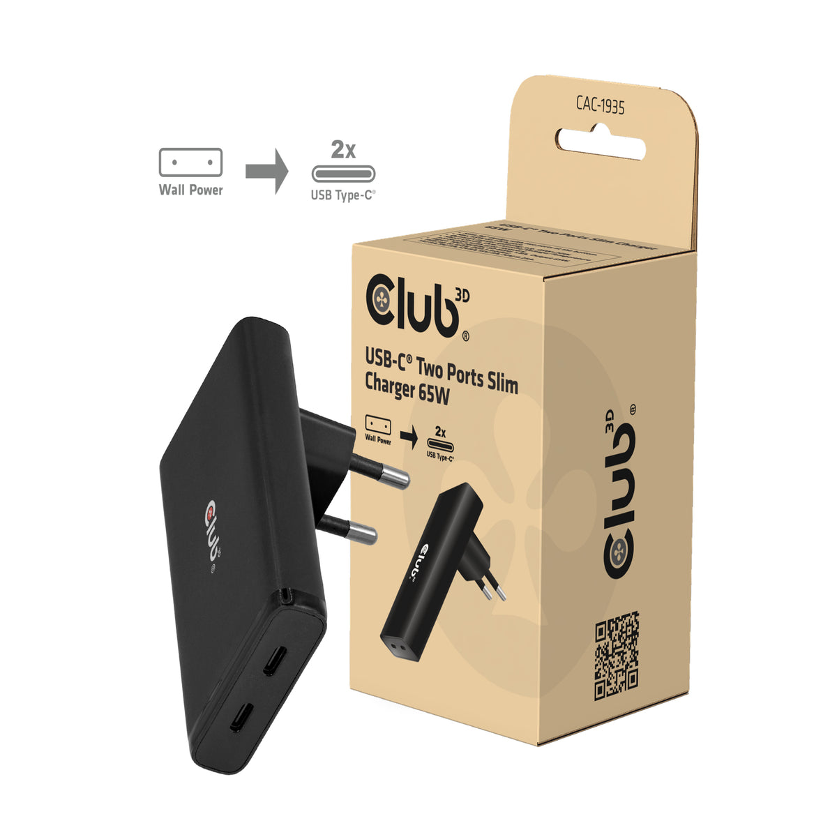CLUB3D Club 3D CAC-1935 USB-Wandladegerät 65 W – USB-C×2 – PD 3.1, PPS, GaN – für USB-C-Geräte – schwarz
