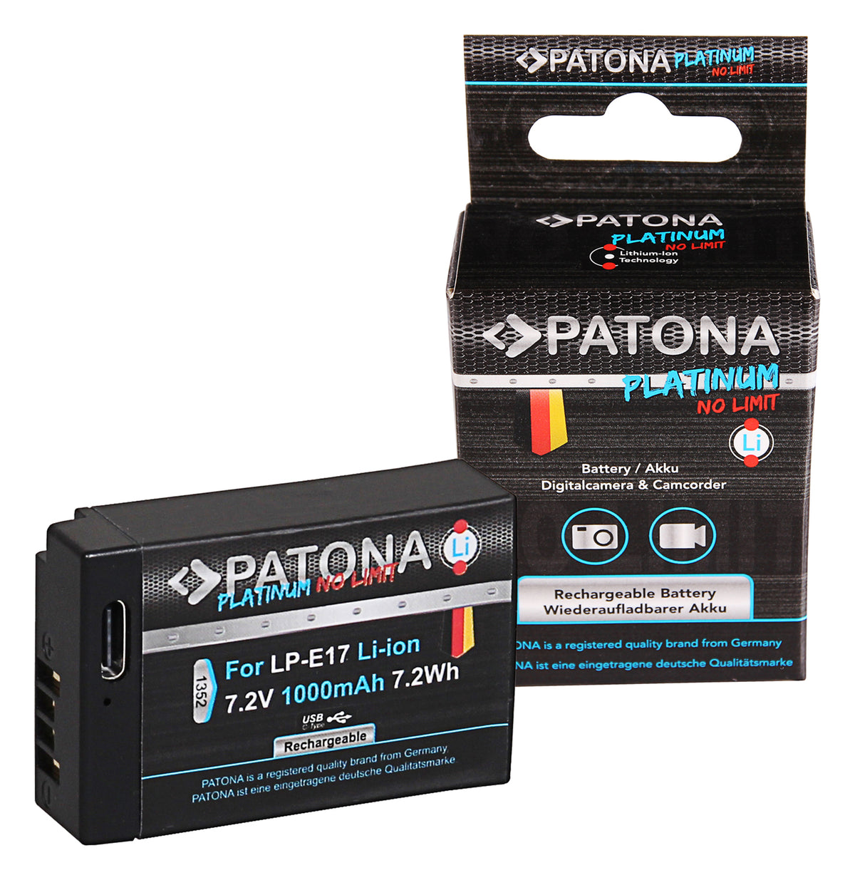 PATONA Platinum Akku LP-E17 1000 mAh 7,2 V – mit USB-C – für Canon EOS RP, 77D, 200D und andere – Schwarz