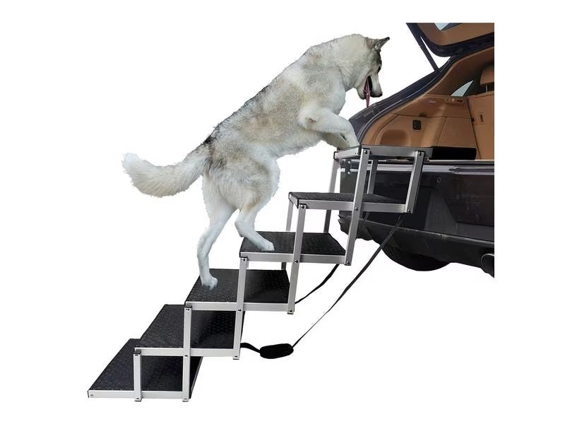 SwissPet Aluminium Hundetreppe – 6 Stufen, faltbar – 43 × 81 × 110 cm, bis 68 kg – schwarz/silber