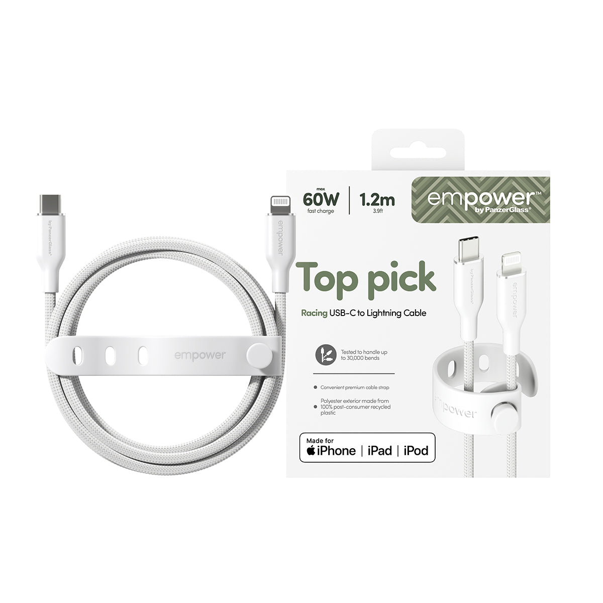 PanzerGlass Daten- & Ladekabel – USB-C auf Lightning 1,2 m, MFi zertifiziert, PD 60 W, Weiss – für iPhone/iPad