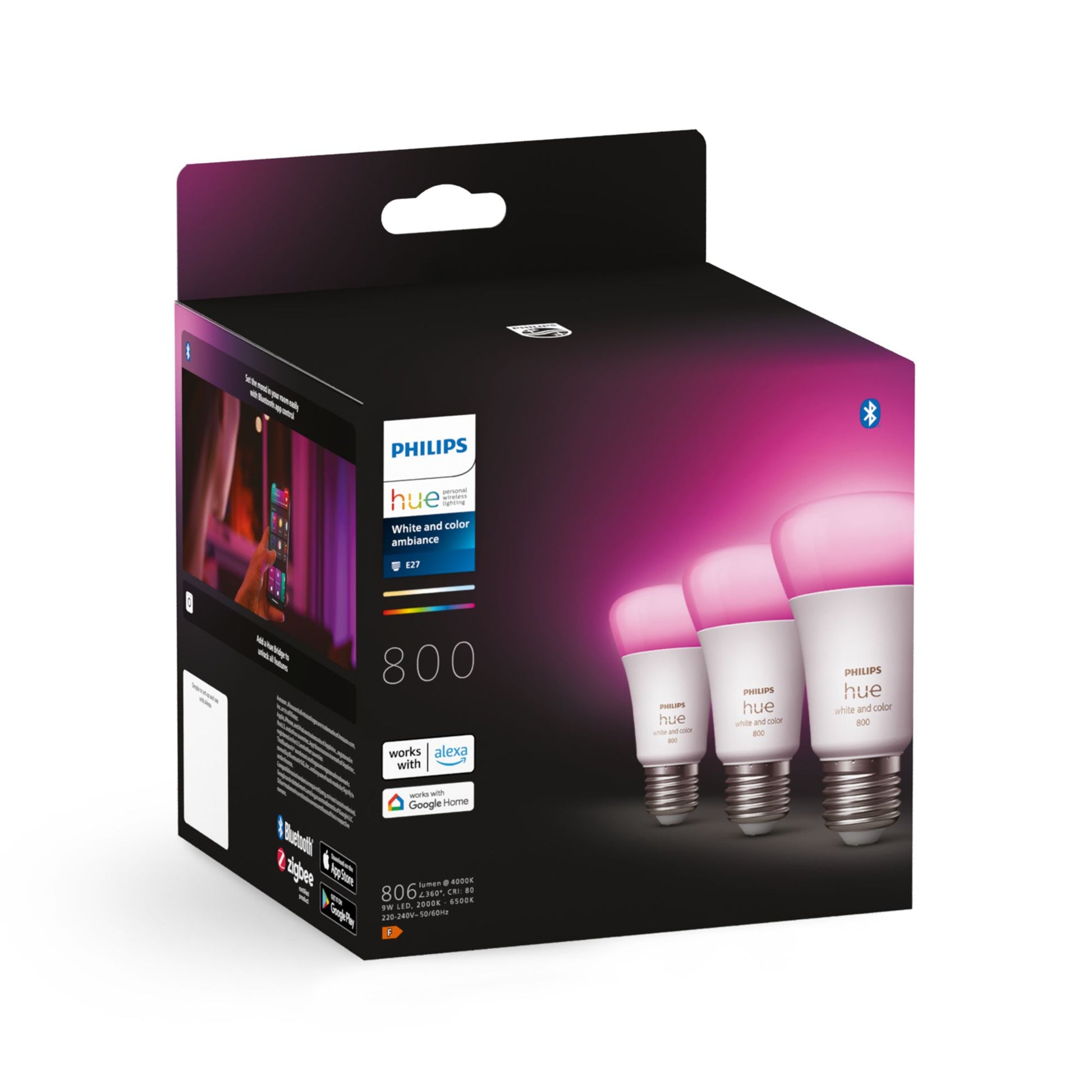 Philips by Signify Philips Hue Smart-Leuchtmittel E27 A60 – RGB+CCT, 830 lm, 9 W, Bluetooth/Zigbee – für Philips Hue – 3 Stk.