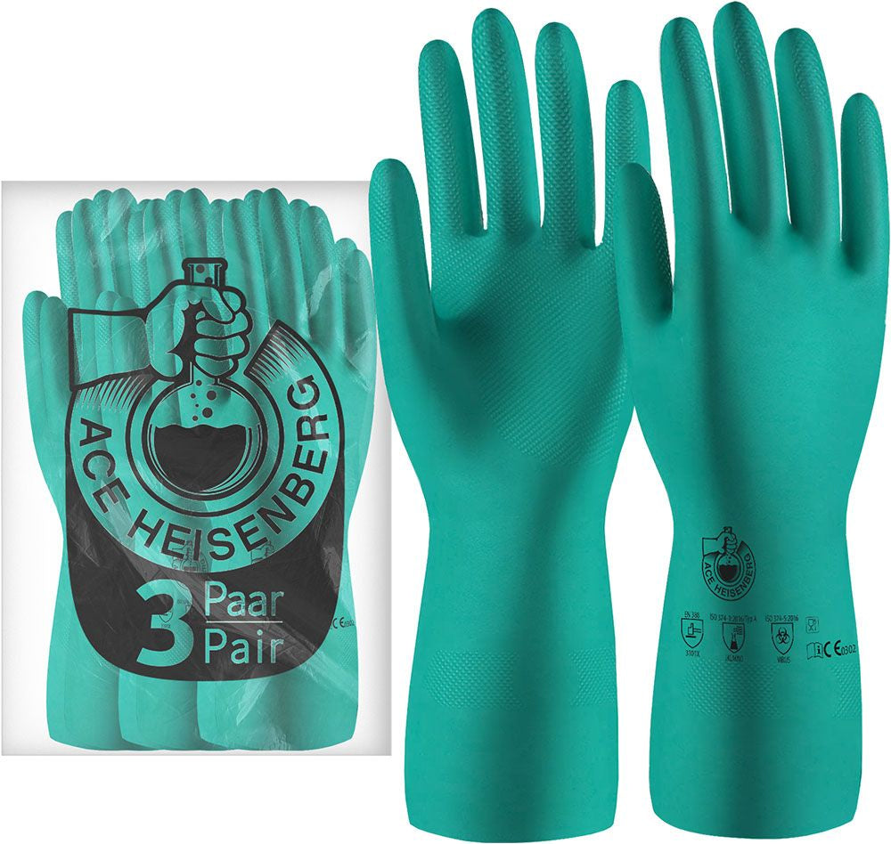 ACE Chemikalienhandschuhe Heisenberg – L, 3 Paar (6 Stück) – Nitril, Grün, Chemikalienbeständig