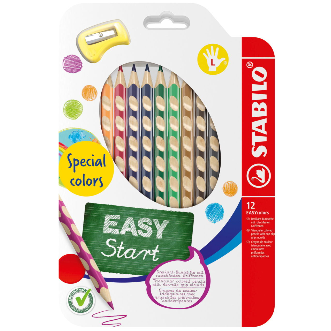 STABILO Buntstifte EASYcolors L – Dreikant, Minen-Ø 4,2 mm, 12 Farben, in Kartonetui, mit Spitzer