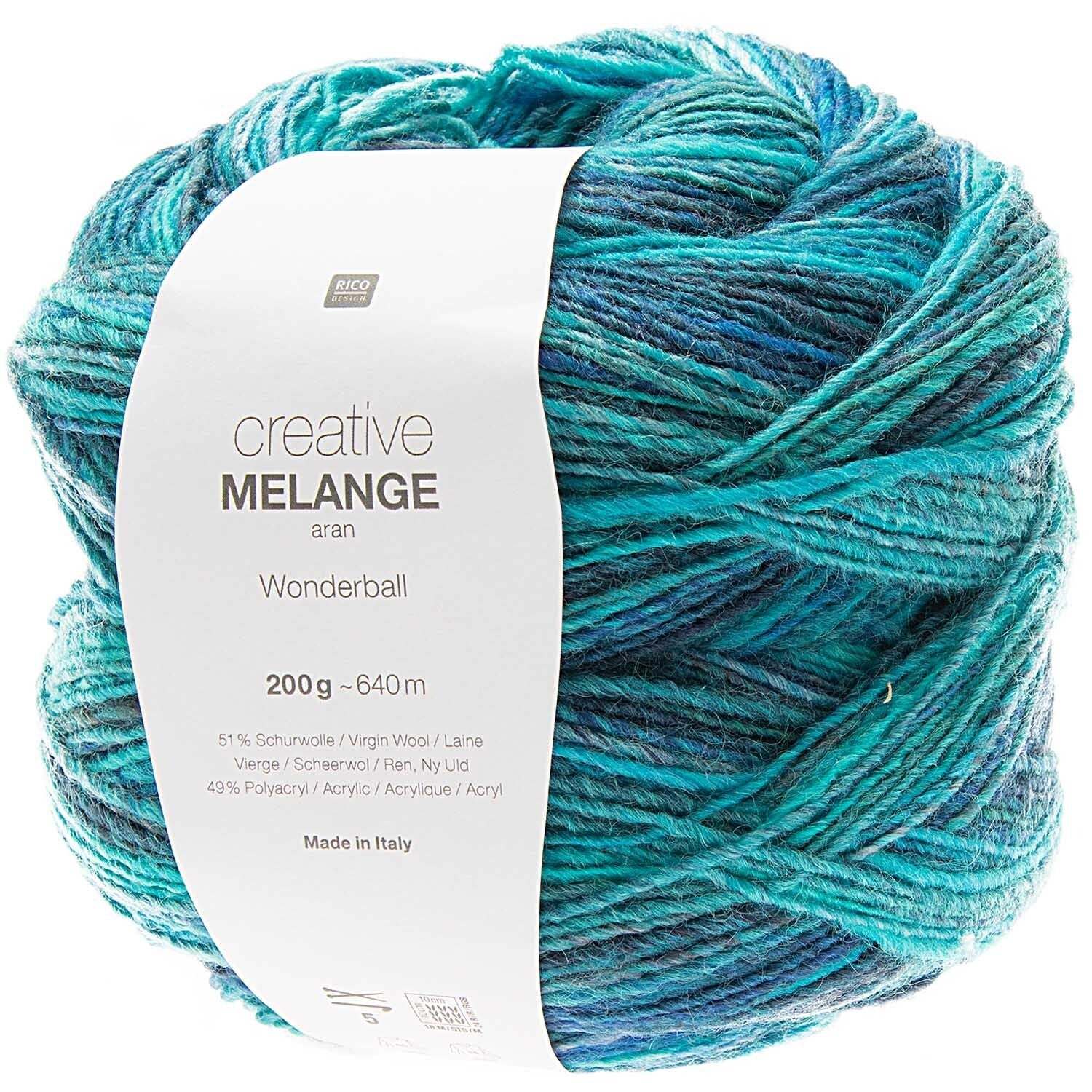 Rico Design Melange Wolle Aqua – 200 g, 640 m, Nadel 5 mm, 51% Schurwolle/49% Polyacryl, 1 Stk.