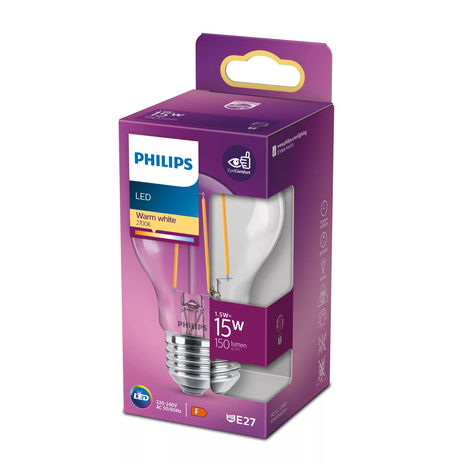 Philips by Signify Philips LED-Leuchtmittel E27 A60 – Warmweiss 2700 K, 150 lm, 1,5 W – Transparent – 1 Stk.