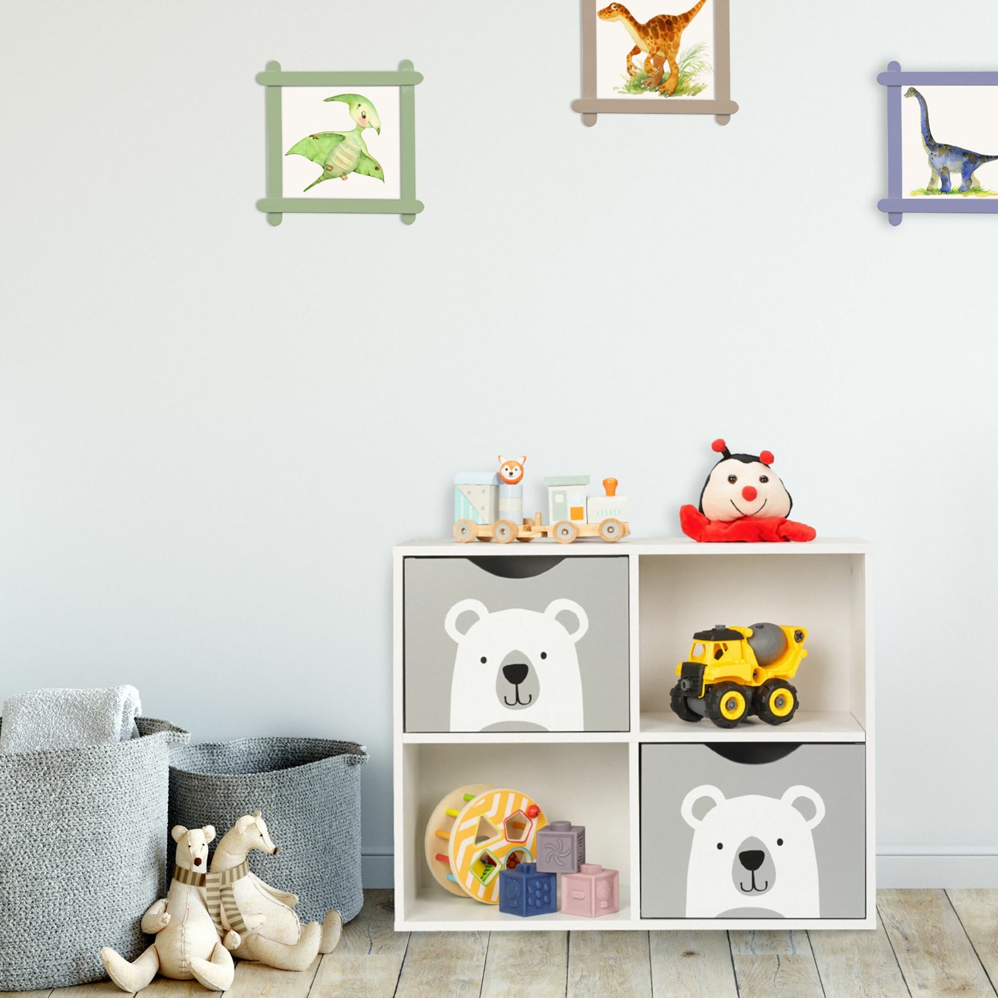 Relaxdays Freistehendes Büro-/Lagerregal, Kinderregal Bär – 4 Böden – 60 × 24,5 × 48 cm – Grau/Weiss – MDF