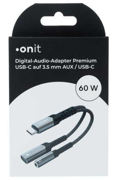 ONIT Multi-Kabel – 2-in-1 USB-C auf 3,5 mm Klinke/USB-C 0,14 m, PD 60 W, Schwarz – für USB-C Geräte