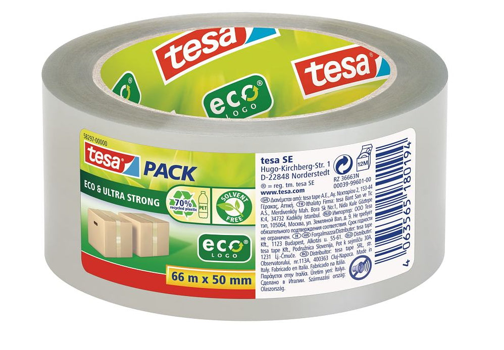 TESA eco & ultra strong – Verpackungsklebeband, rPET, transparent – 50 mm × 66 m – 1 Rolle