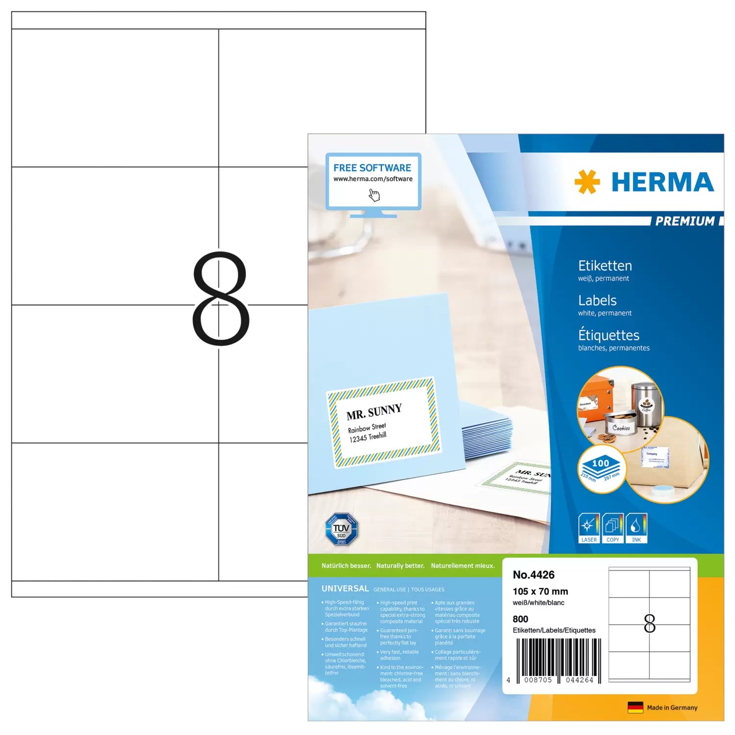 HERMA Drucketiketten, 105 mm × 70 mm, weiss, Papier, permanent, 800 Etiketten (100 Blätter)
