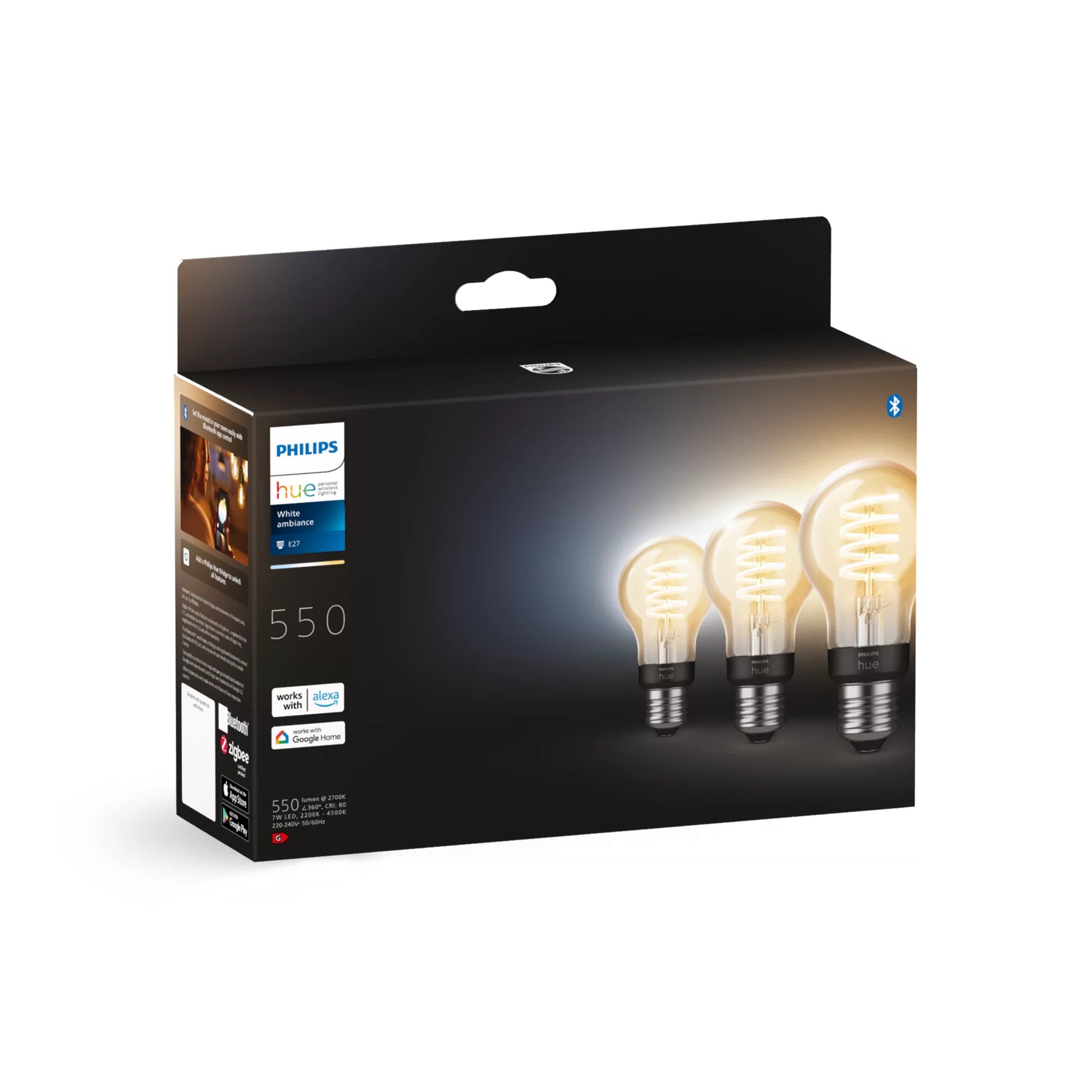 Philips by Signify Philips Hue Smart-Leuchtmittel E27 A60 – 2200–4500 K, 550 lm, 7 W, Bluetooth/Zigbee – 3 Stk. – Filament