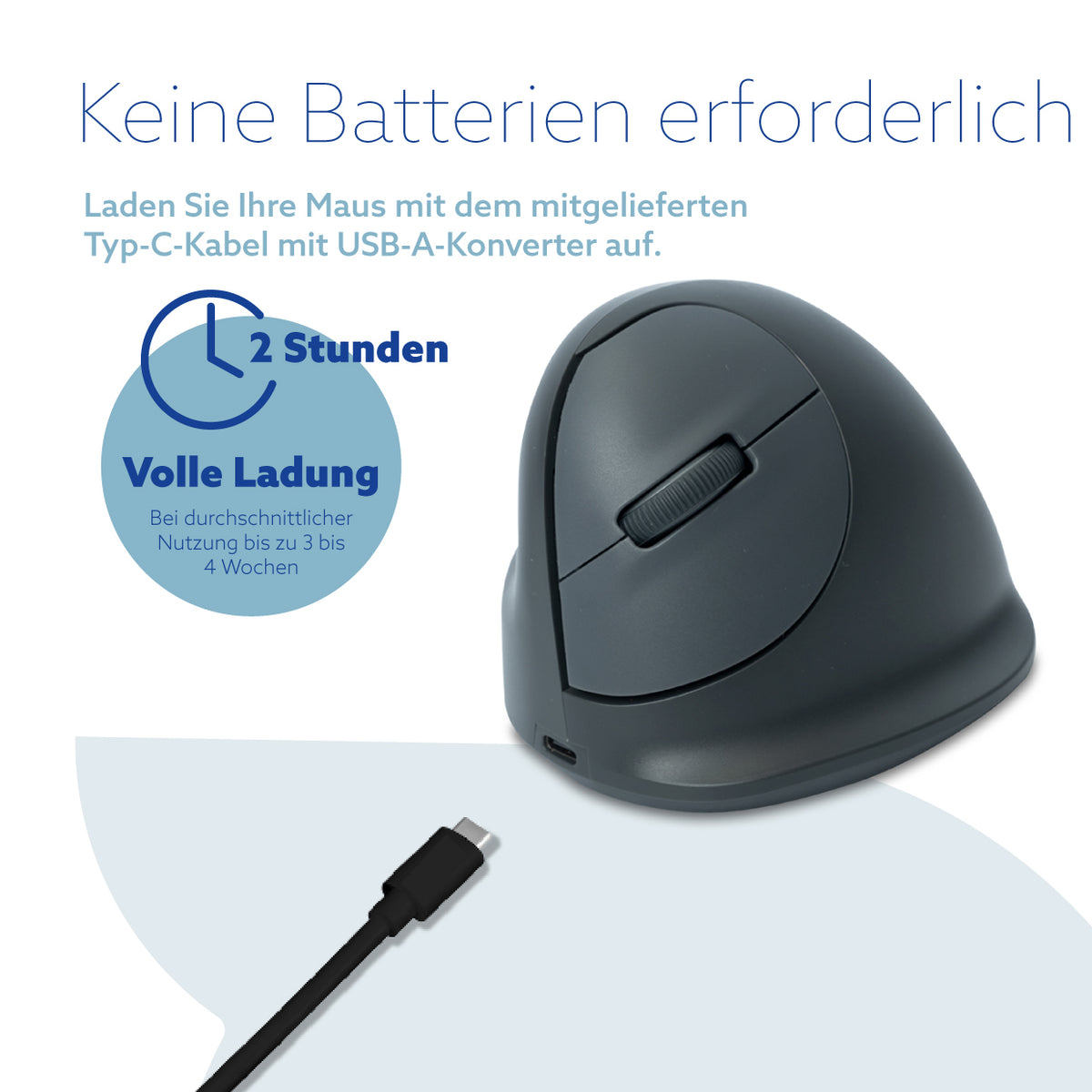R-Go Tools HE Basic M – Vertikale Maus – Kabellos (Bluetooth), Linkshändig, Grau