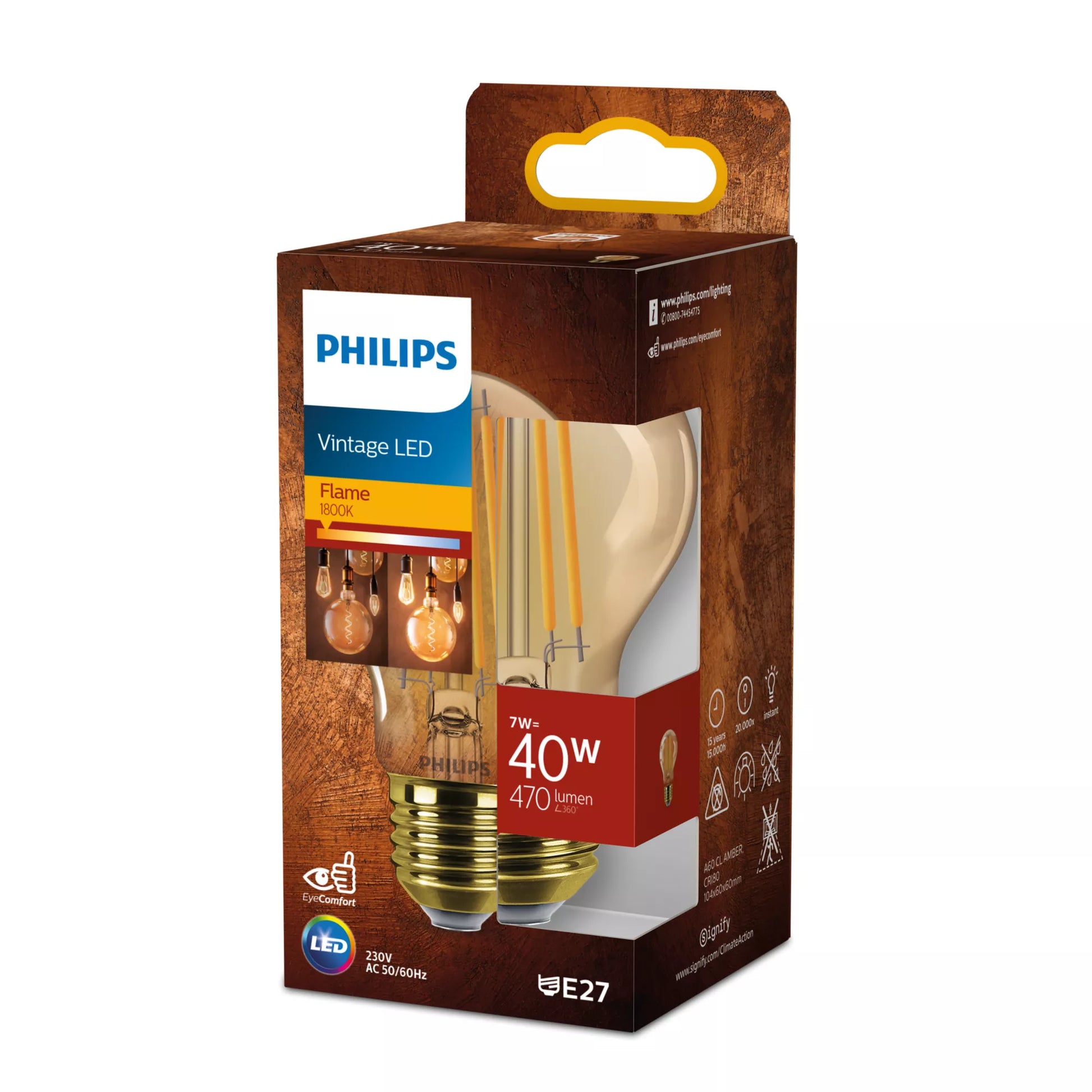 Philips by Signify Philips LED-Leuchtmittel E27 A-Form – 470 lm, 7 W, Bernstein 1800 K