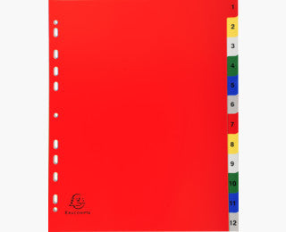 Exacompta Register A4 – nummeriert 1–12, 12 Taben, PP, mehrfarbig, Eurolochung, beschriftbar