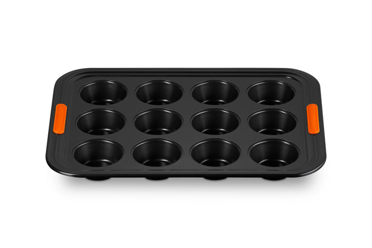 Le Creuset Muffinförmchen 30 × 40 × 3,7 cm, 12 Stk., Silikon/Edelstahl, Schwarz/Orange