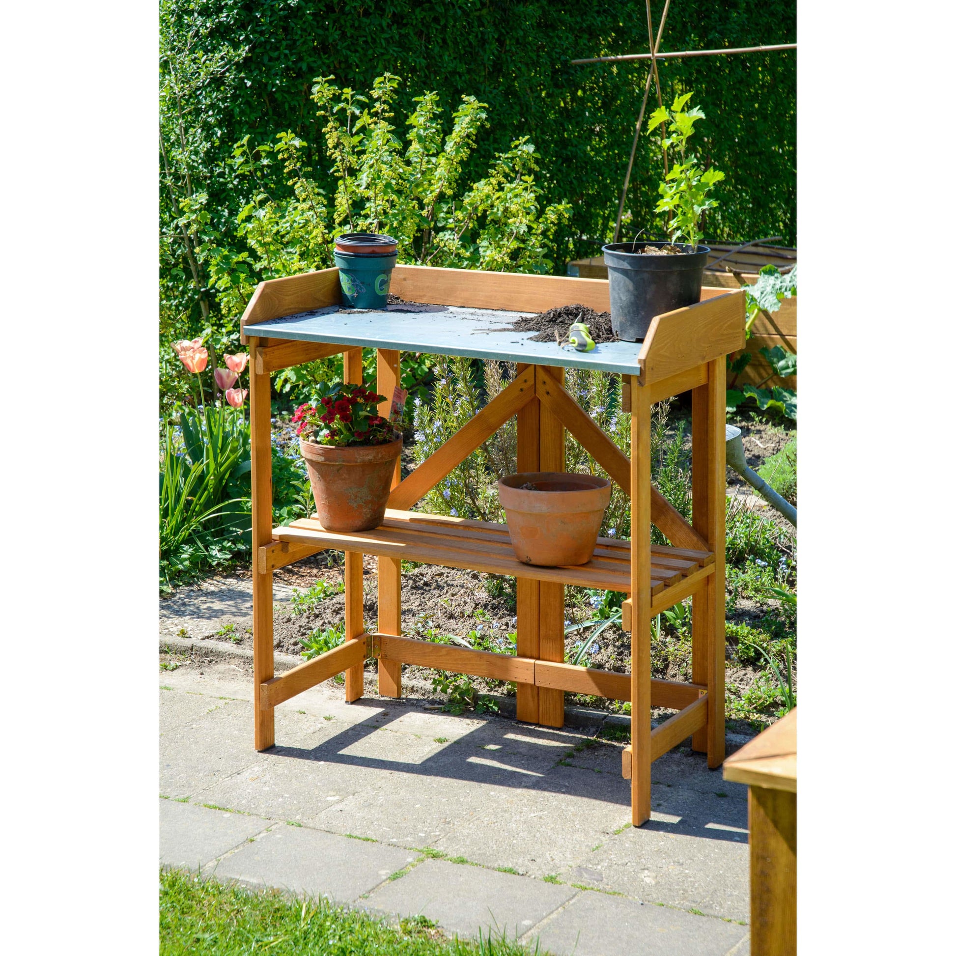 Dobar Faltbarer Pflanztisch (mit Ablage) – Kiefernholz – Braun – 850 × 890 × 440 mm