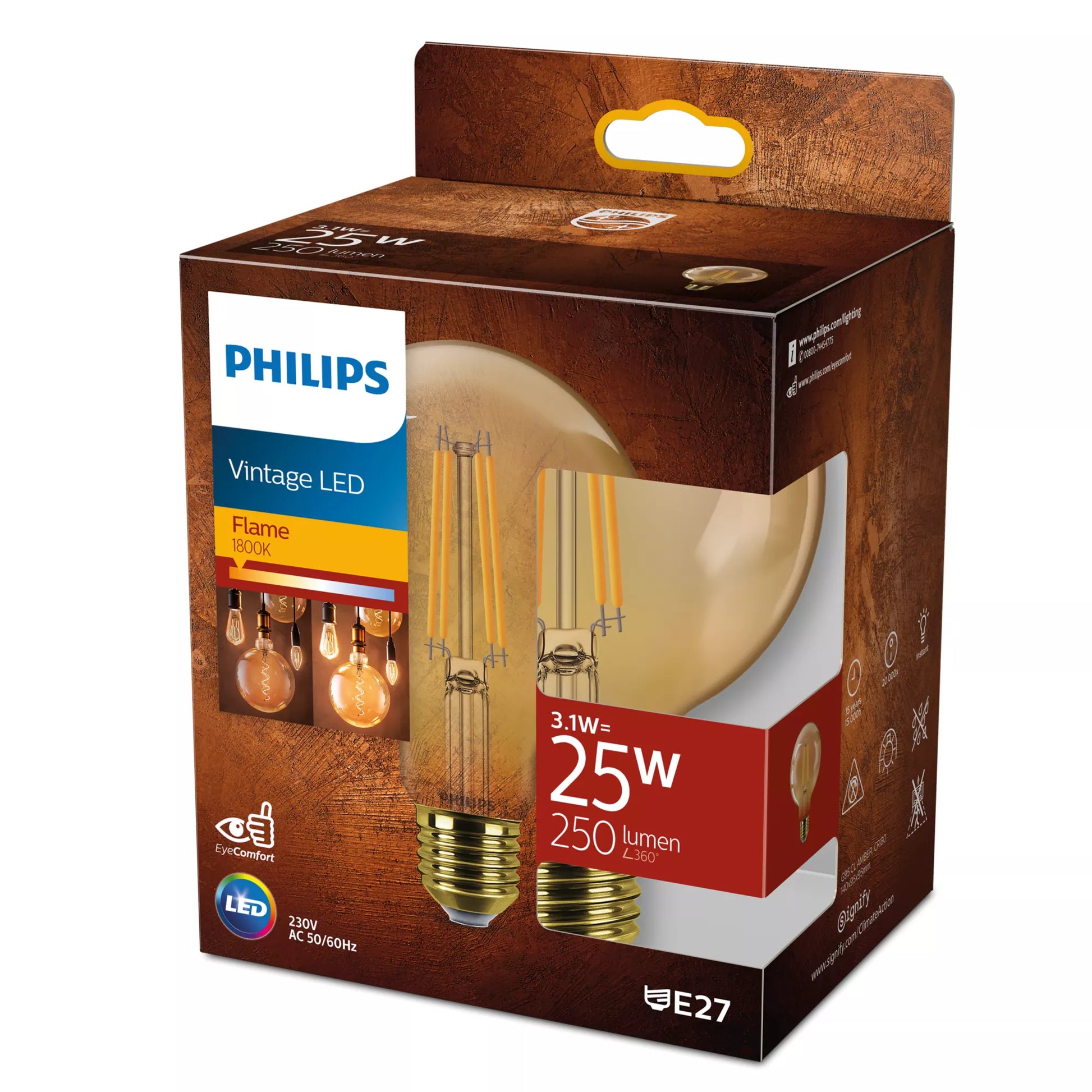 Philips by Signify Philips LED-Leuchtmittel E27 G95 – 250 lm, 3,1 W, Warmweiss 1800 K – 1 Stk., Bernstein (Glas)