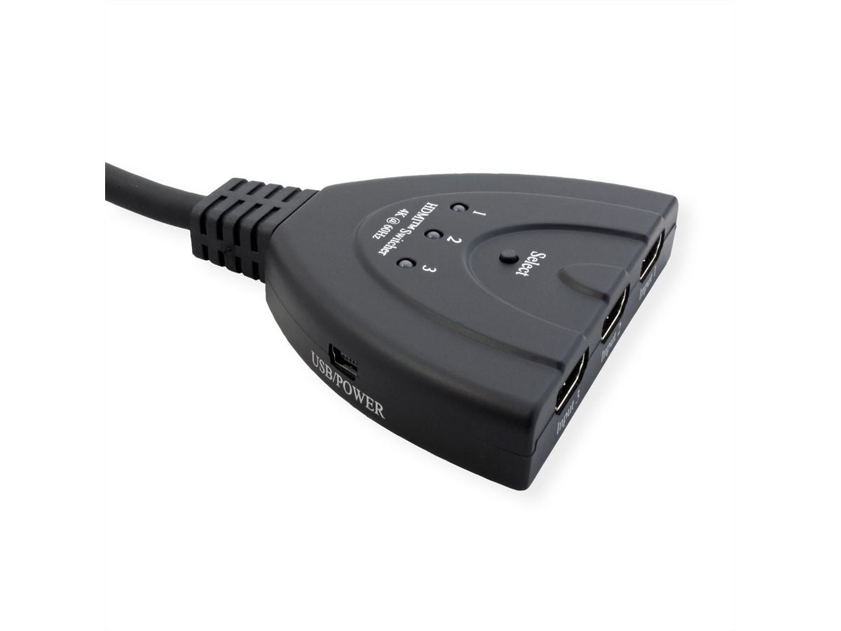 VALUE HDMI Switch, 3× HDMI In / 1× HDMI Out, 4K@60 Hz, Umschaltung per Taster, Schwarz