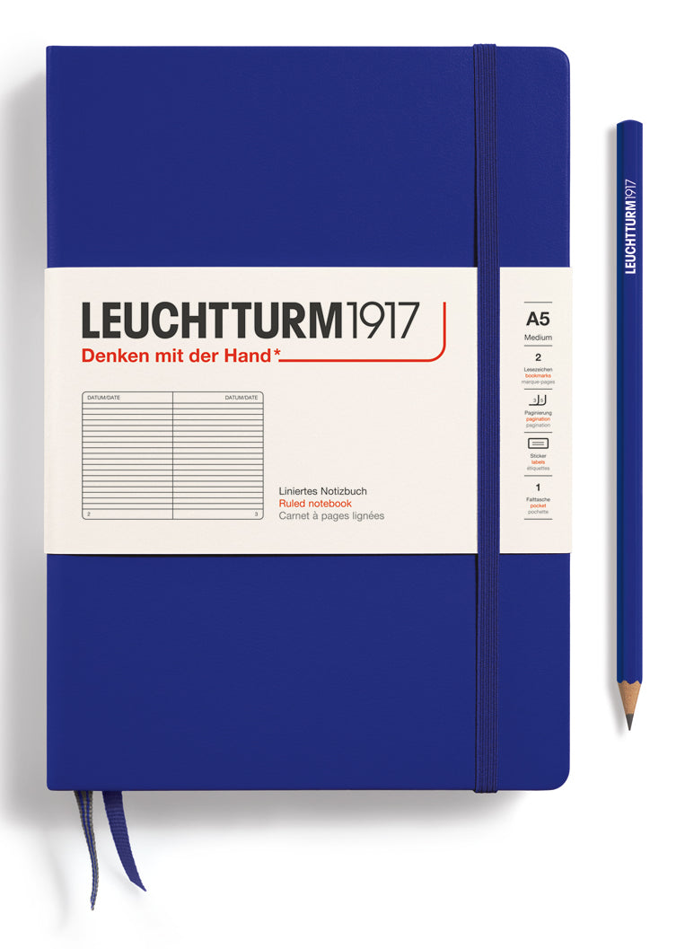 Leuchtturm Notizbuch – A5 – 251 Seiten – 80 g/m² – Hardcover, Gummiband, Einstecktasche, Dunkelblau, FSC