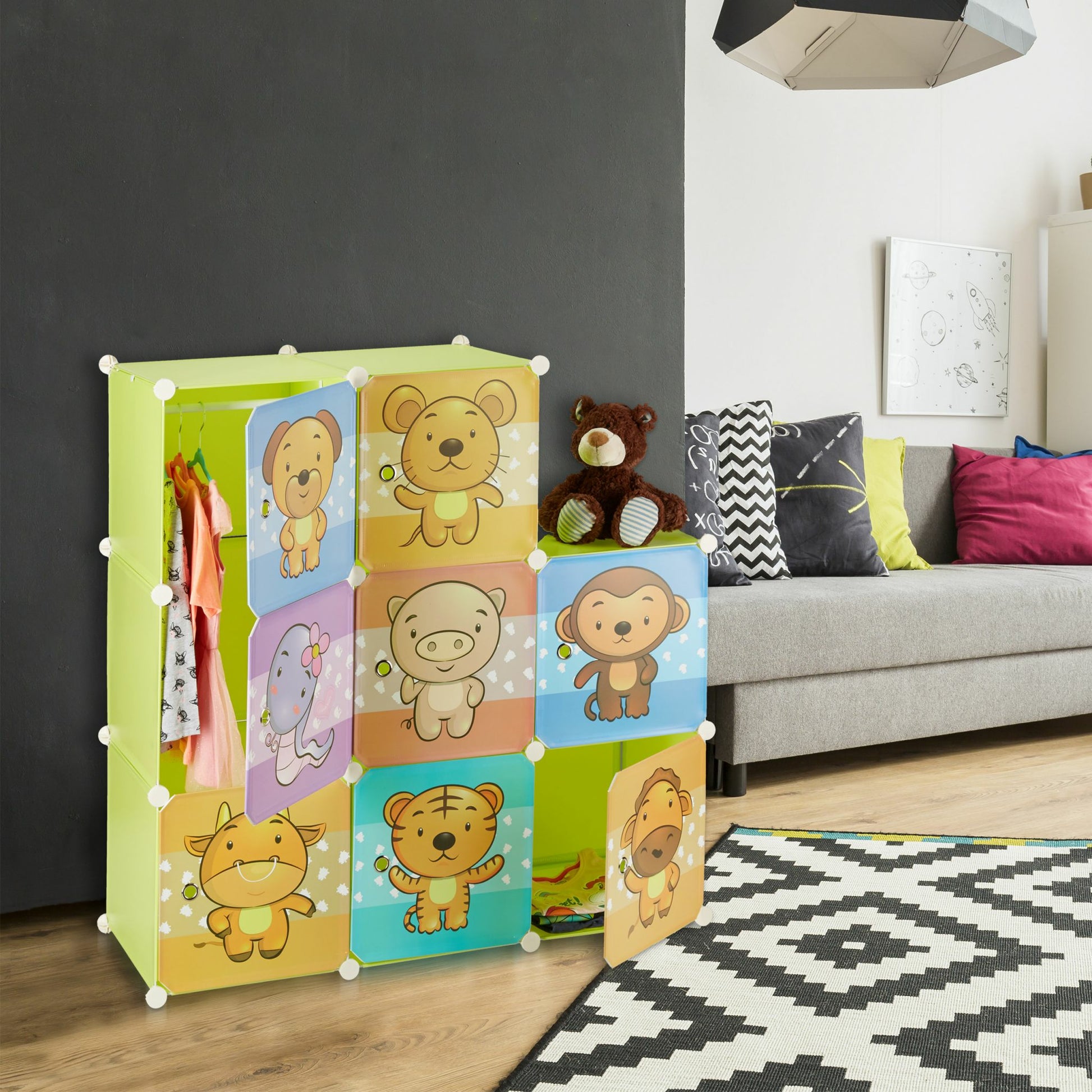 Relaxdays Kinderregal Stecksystem – 7 Böden – 74 × 36,5 × 145 cm – Mehrfarbig – Metall/Kunststoff – 1 Stk.