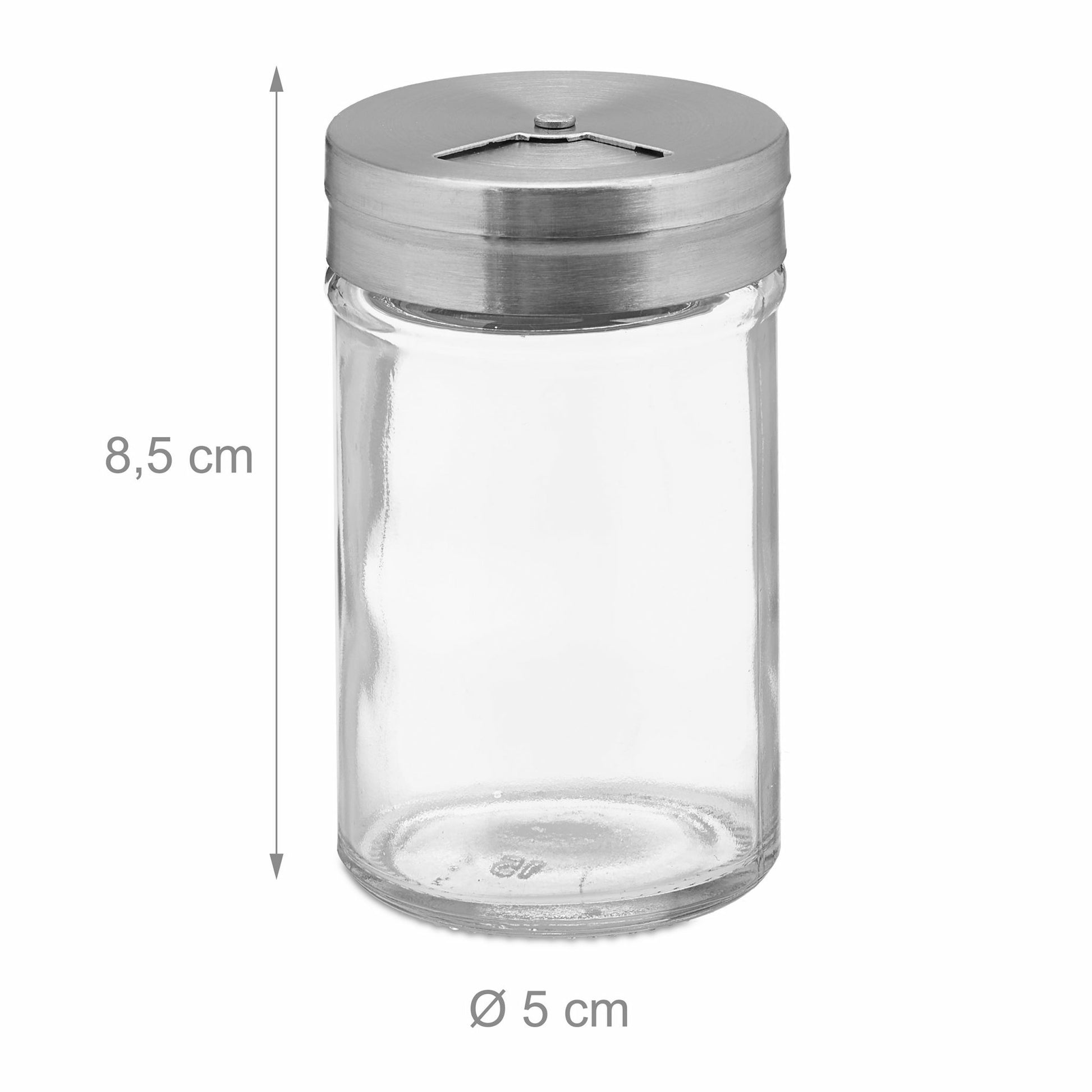 Relaxdays Streudose 90 ml, Ø 5 × 8,5 cm, Glas/Edelstahl/Kunststoff, transparent/silber