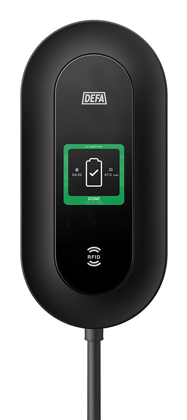DEFA Power Smart Wallbox – 22 kW, 3-ph, Typ 2 mit 6 m Kabel, Wandmontage, IP55, RFID/NFC, Zähler, Display, Schwarz