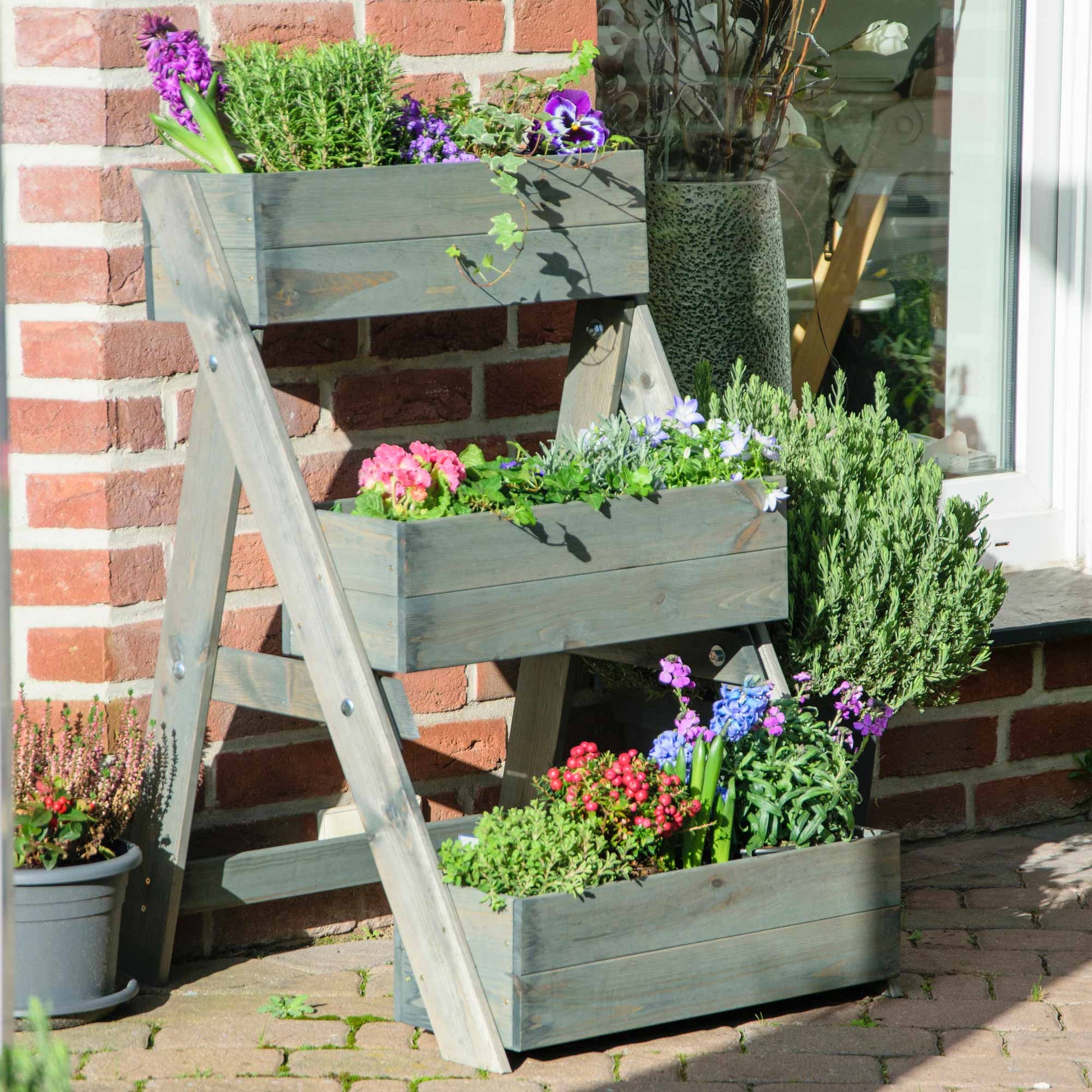 Dobar Hochbeet Pflanztreppe – 70 × 90 × 70 cm – Kiefernholz, Grau