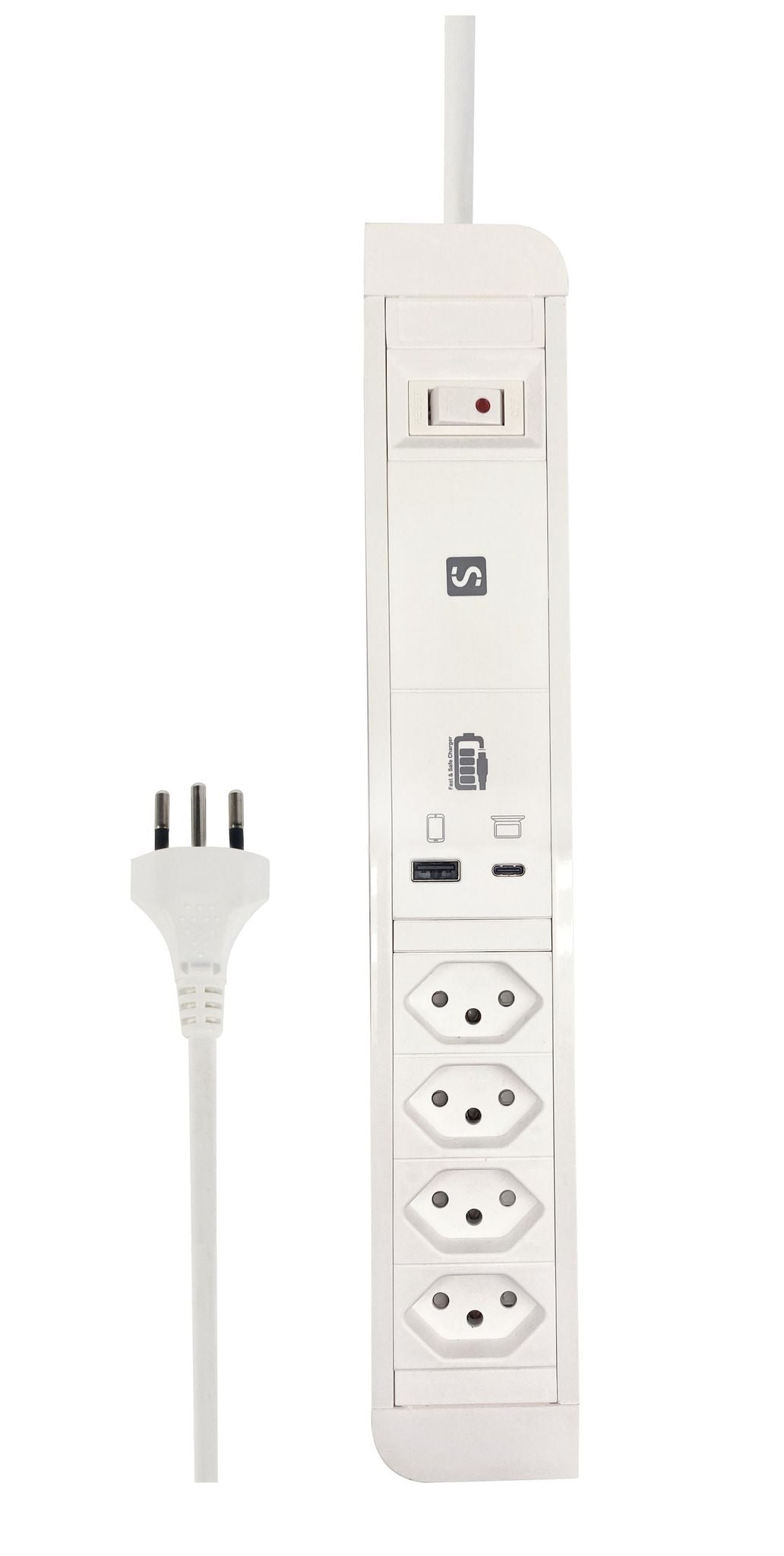 M. Schönenberger Schönenberger Plus Steckdosenleiste, 4×T13, 1×USB‑A + 1×USB‑C PD (65 W gesamt), 2 m, IP20 – weiss