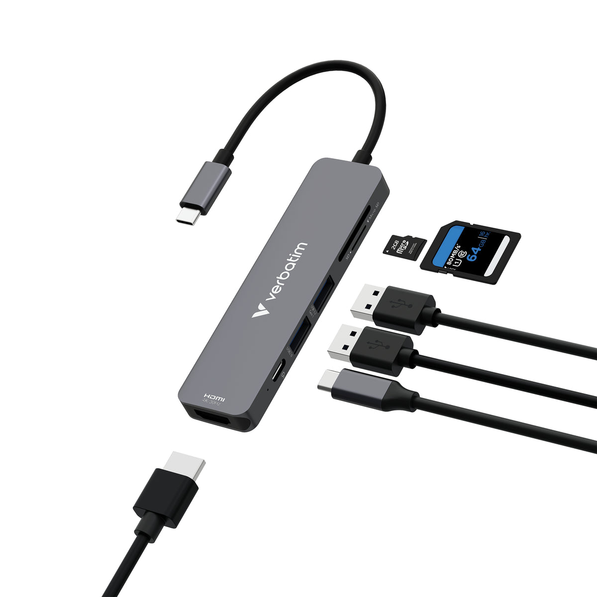 Verbatim 32156 Multiport-Adapter – USB-C, 1× HDMI, 2× USB-A, 100 W PD, SD/microSD, für Windows/Mac/Linux
