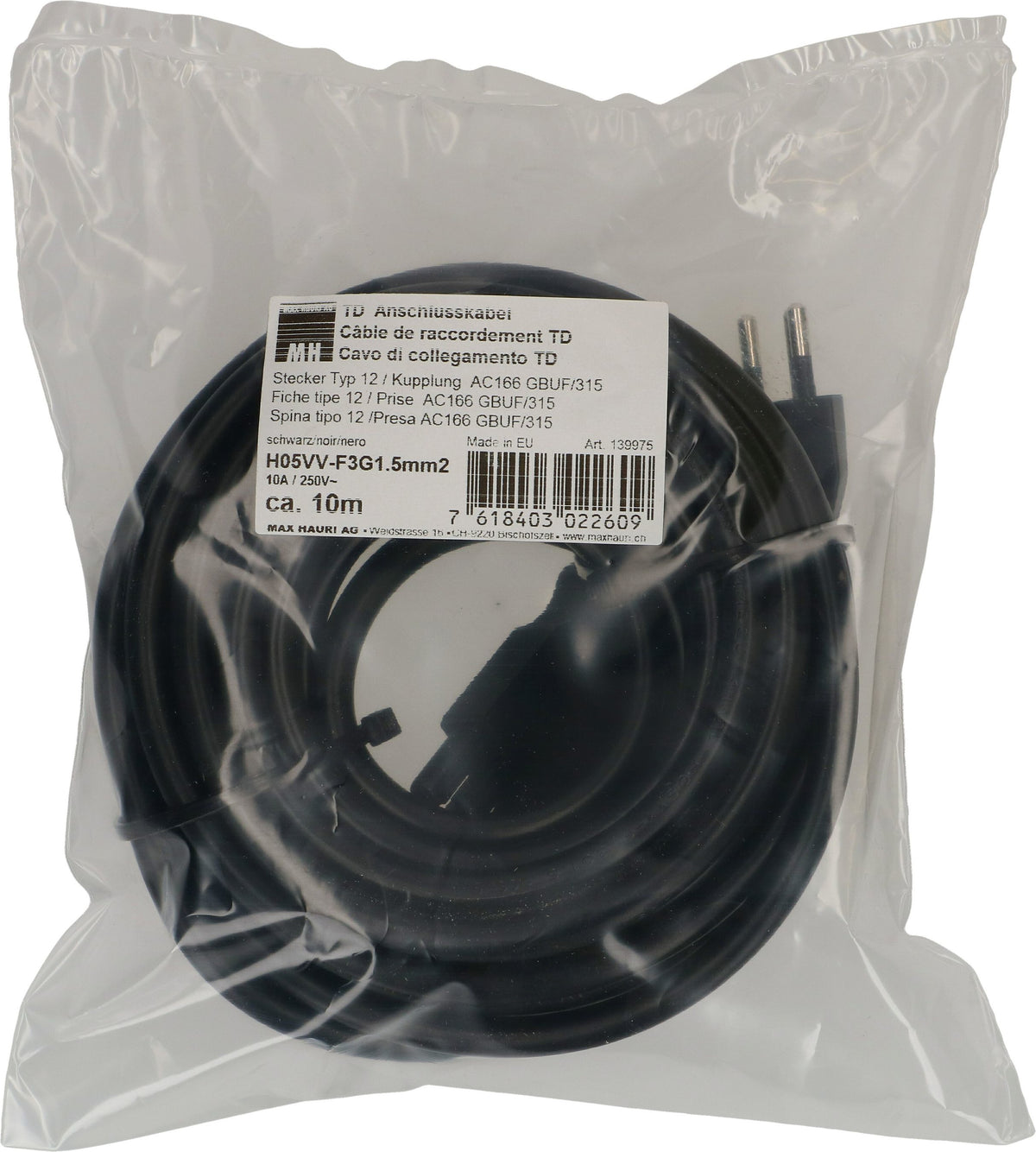 Max Hauri AG Max Hauri T12–Adels AC 166 Stromkabel – 10 m, 3×1,5 mm² H05VV-F, 230 V/10 A, schwarz