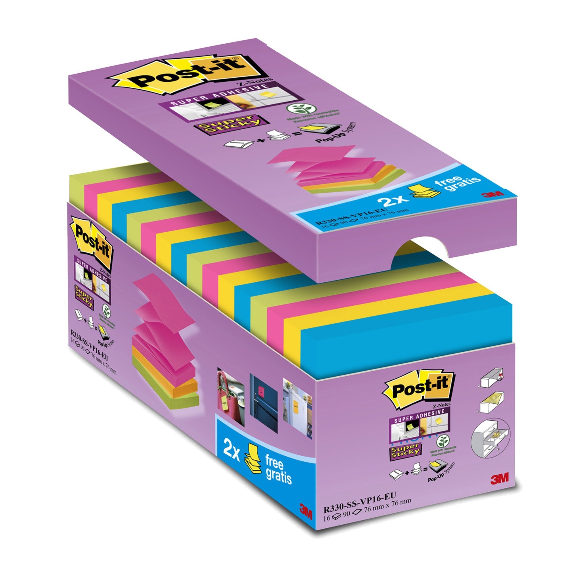 Post-it Super Sticky Haftnotizen – 76×76 mm – sortiert, 16×90 Blätter