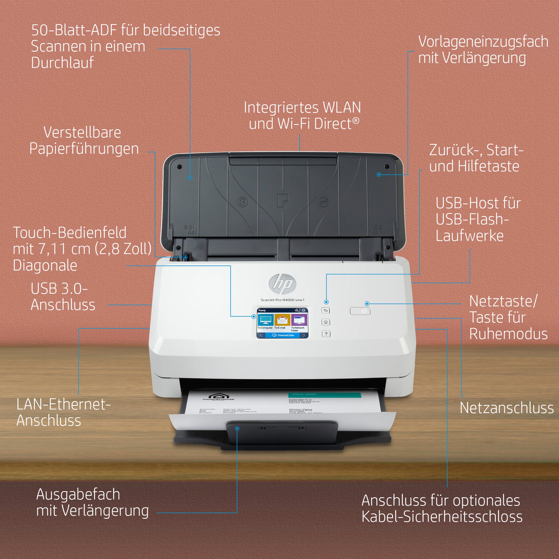HP Scanjet Pro N4000 Snw1 – Dokumentenscanner, A4, Duplex, 600 dpi, ADF 50 Blatt, WLAN, LAN, USB