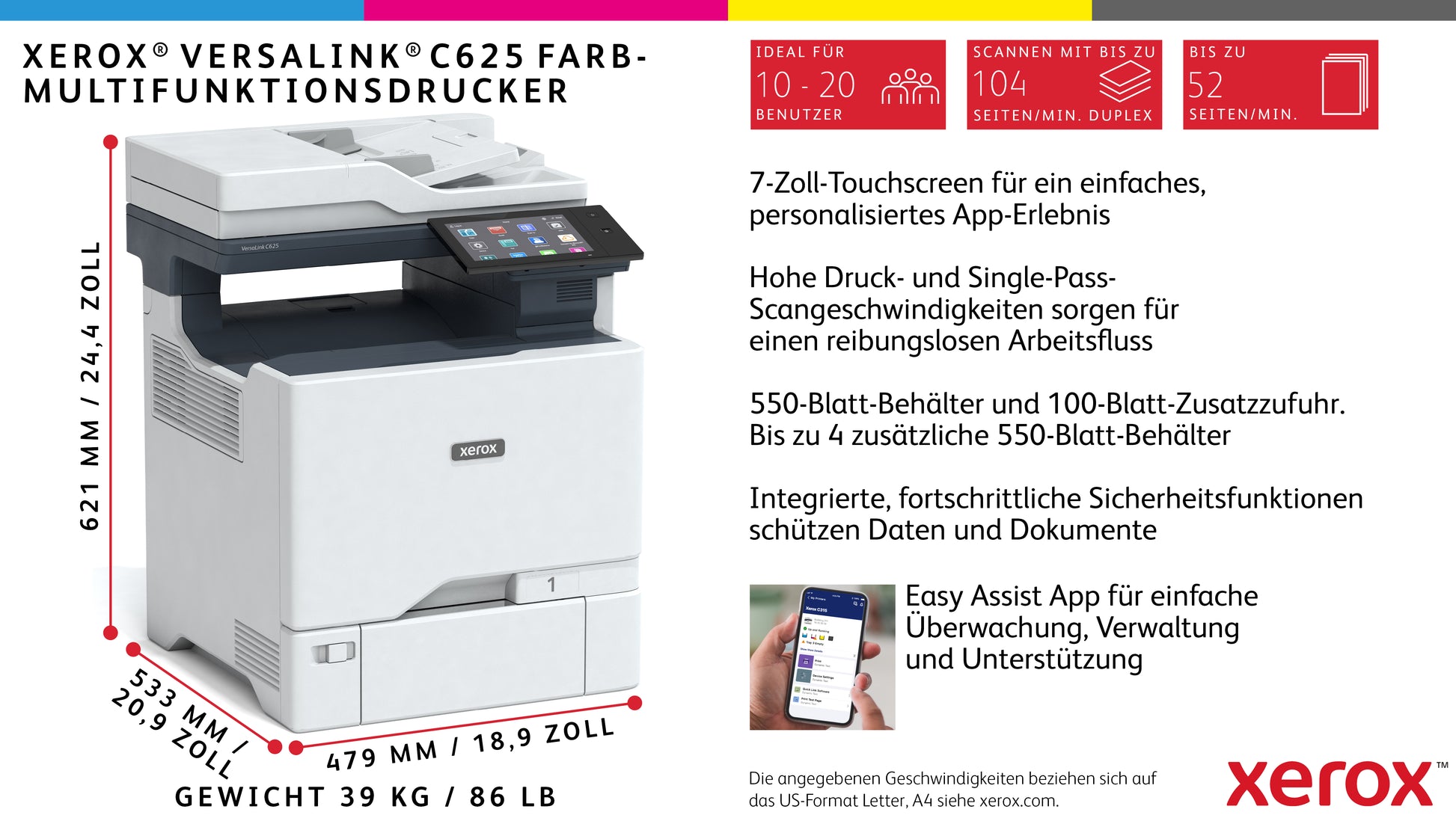 Xerox VersaLink C625 – Farblaser-Multifunktionsdrucker, A4, 4-in-1, Duplex, ADF, LAN, AirPrint, Mopria