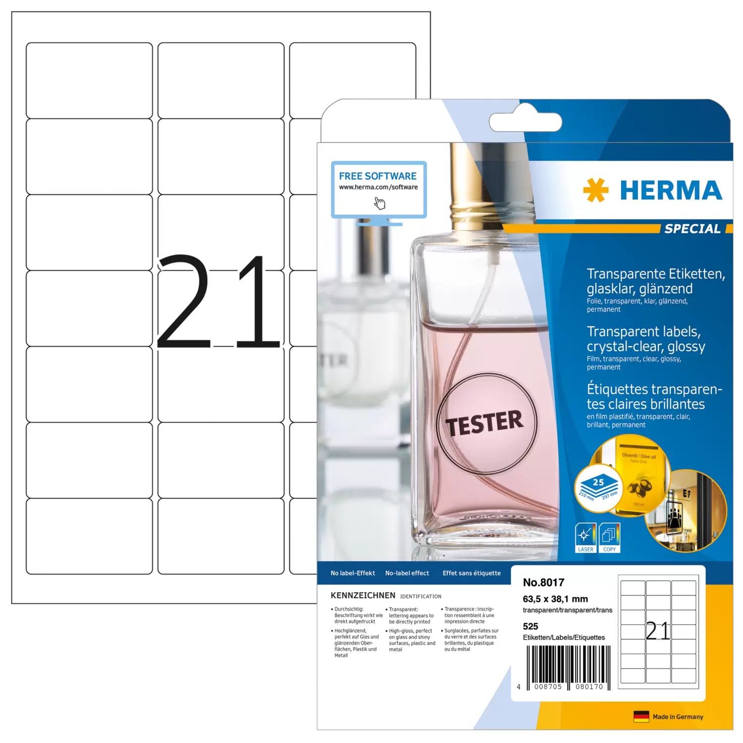 HERMA Drucketiketten, 64 mm × 38 mm, transparent, Folie, permanent, 25 Blatt (525 Etiketten)