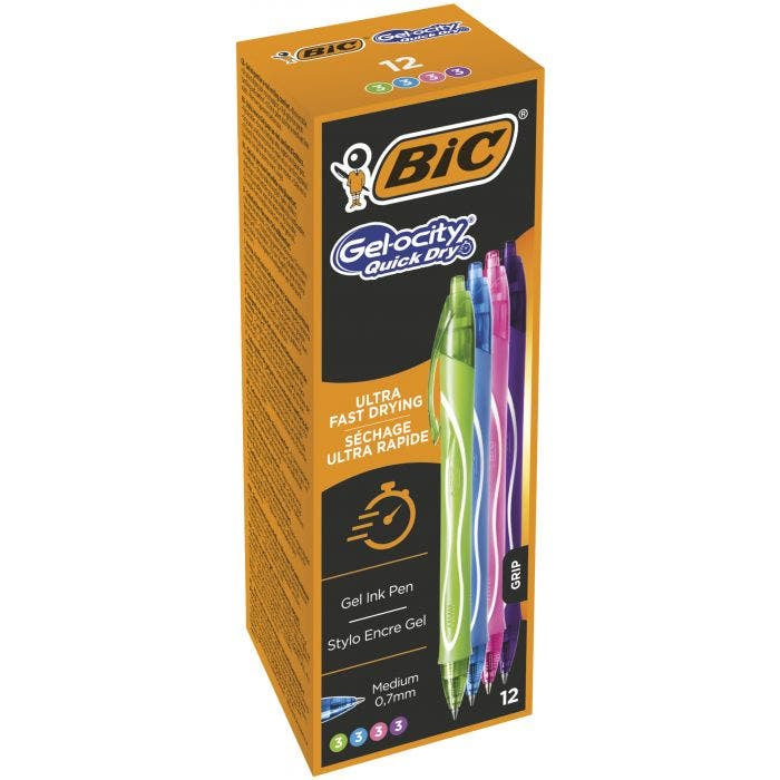 BIC Gel-ocity Quick Dry Gelschreiber 12er Set – Sortierte Farben, Spitze 0,7 mm, schnelltrocknend, nachfüllbar