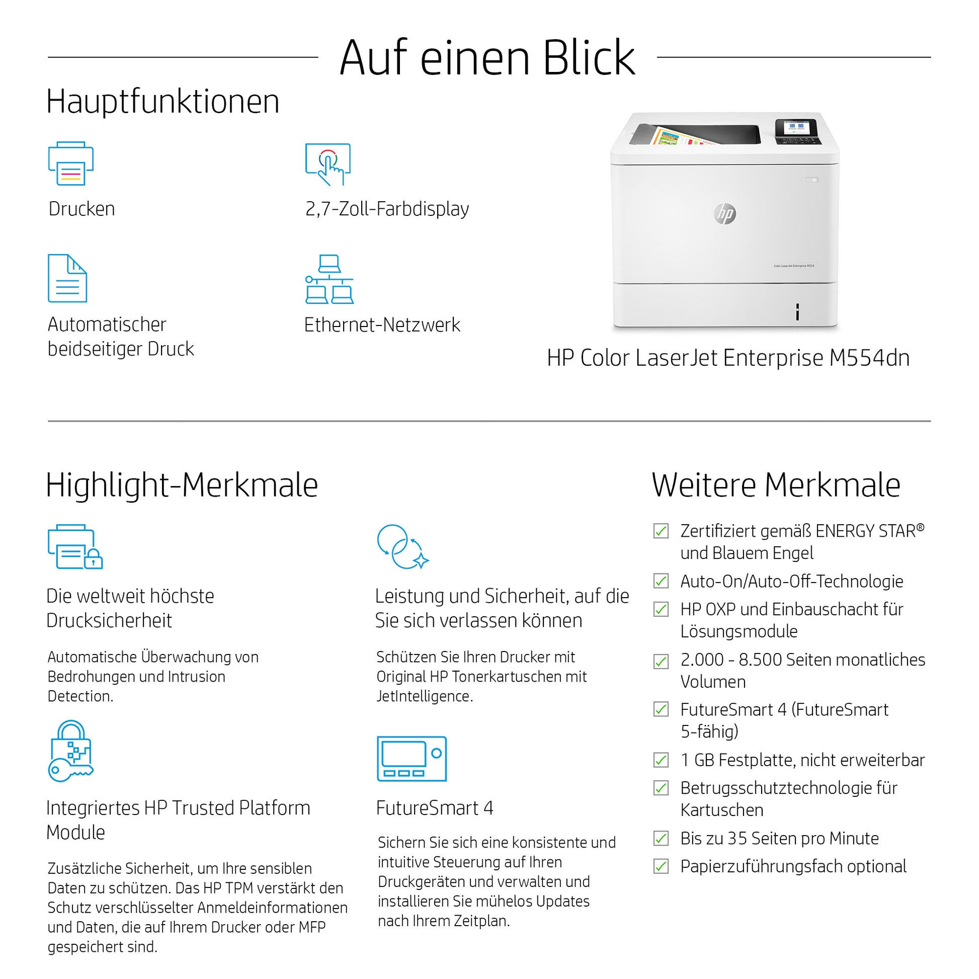 HP Color LaserJet Enterprise M554dn – A4, Farbe, 33 S./Min., USB