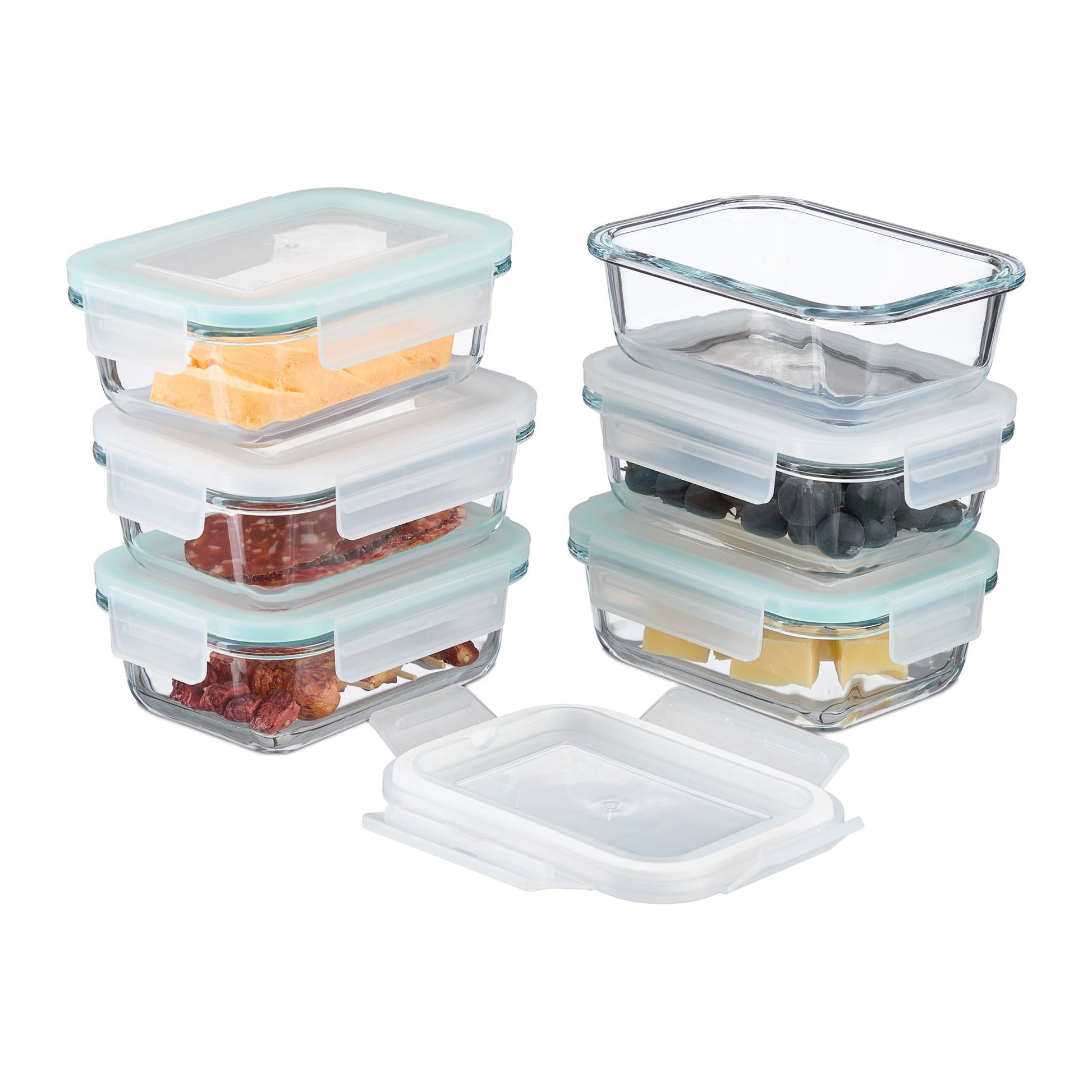 Relaxdays Vorratsdose 370 ml, 15,5 × 11 × 6 cm, Glas/Polypropylen (PP)/Silikon, transparent/türkis/weiss