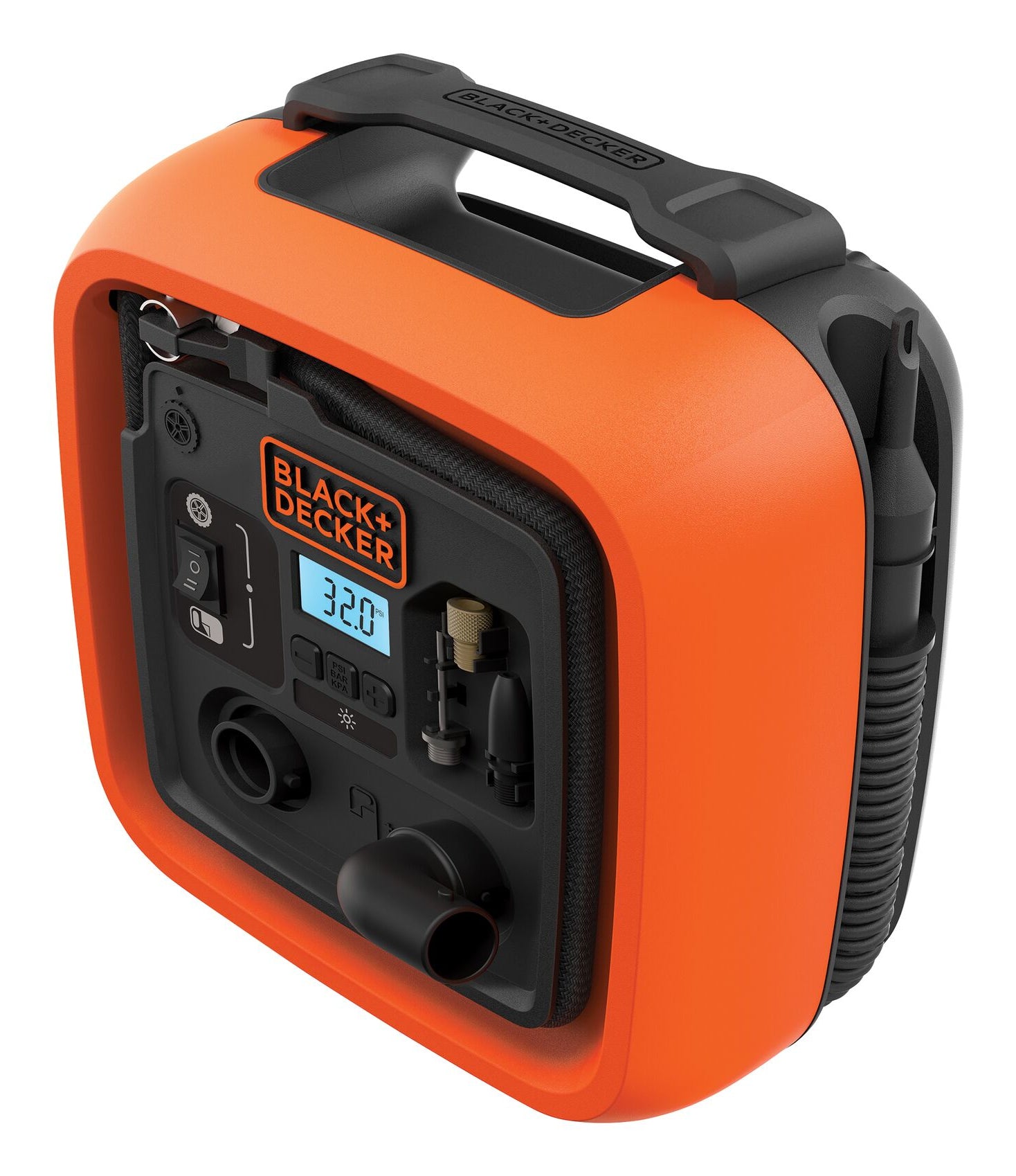 Black & Decker BLACK+DECKER ASI400 Kompressor – 12 V – 11 bar, 160 l/min – Integriertes Druckmessgerät, inkl. Ventiladapter