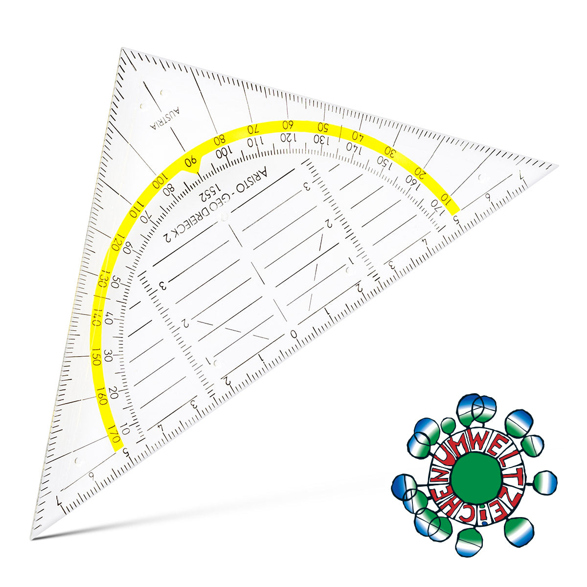 Aristo Geodreieck, 16 cm, 45° – mit abnehmbarem Griff, mit Tuschenoppen – Acrylglas