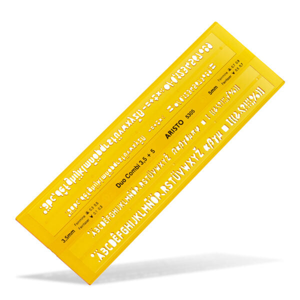 Aristo Schriftschablone, Schrifthöhe 3,5/5 mm, 24,5 × 7,5 cm, Kunststoff, orange transparent, Duo Combi