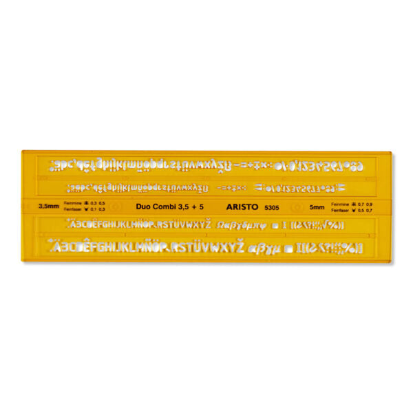 Aristo Schriftschablone, Schrifthöhe 3,5/5 mm, 24,5 × 7,5 cm, Kunststoff, orange transparent, Duo Combi