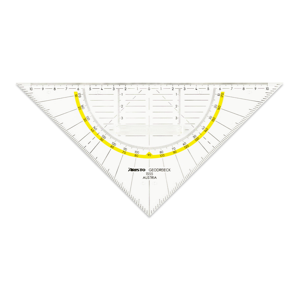 Aristo Geodreieck, 22,5 cm, 45° – mit abnehmbarem Griff, mit Tuschenoppen – Acrylglas, gelb-transparent