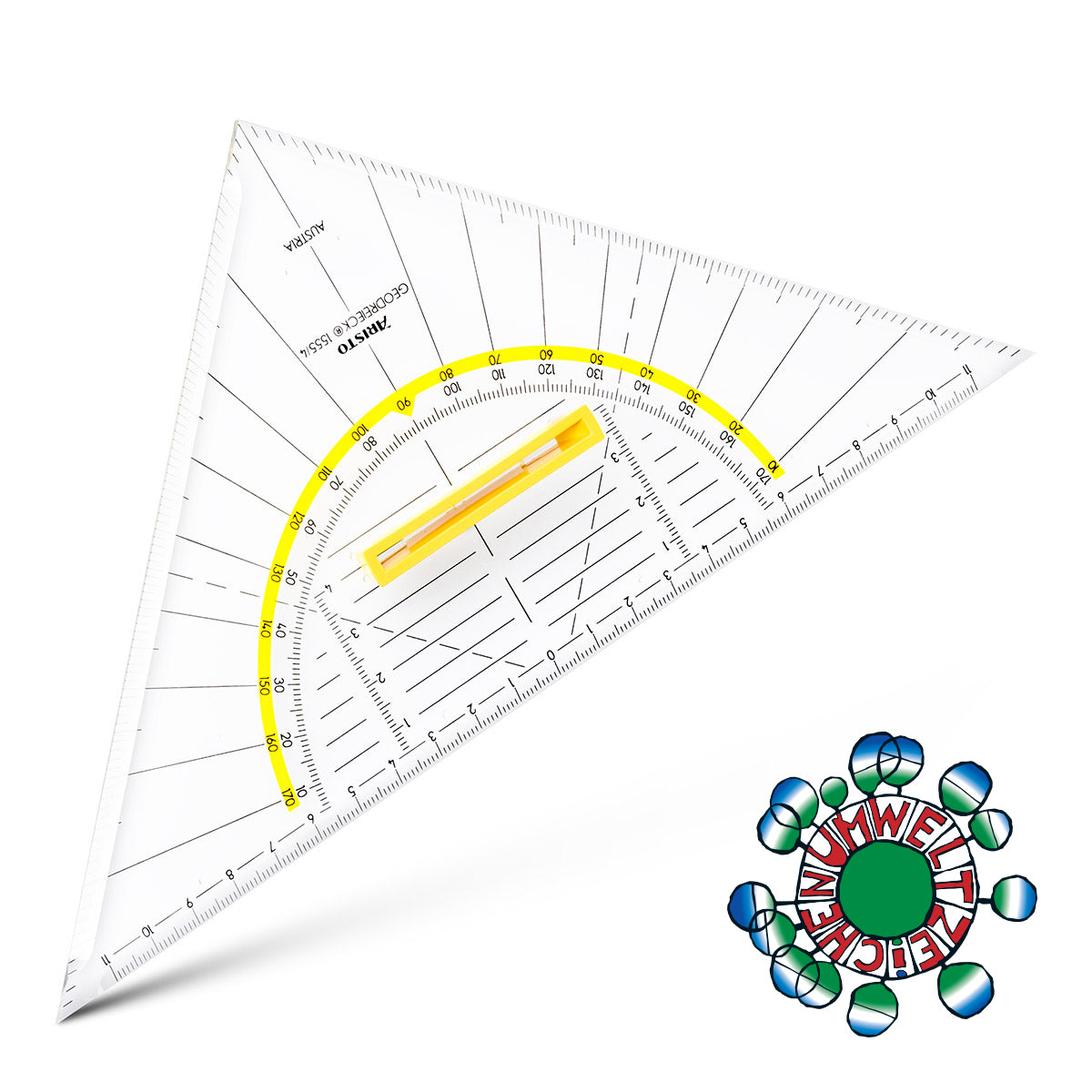 Aristo Geodreieck, 25 cm, 45° – mit abnehmbarem Griff, mit Tuschenoppen – Acrylglas