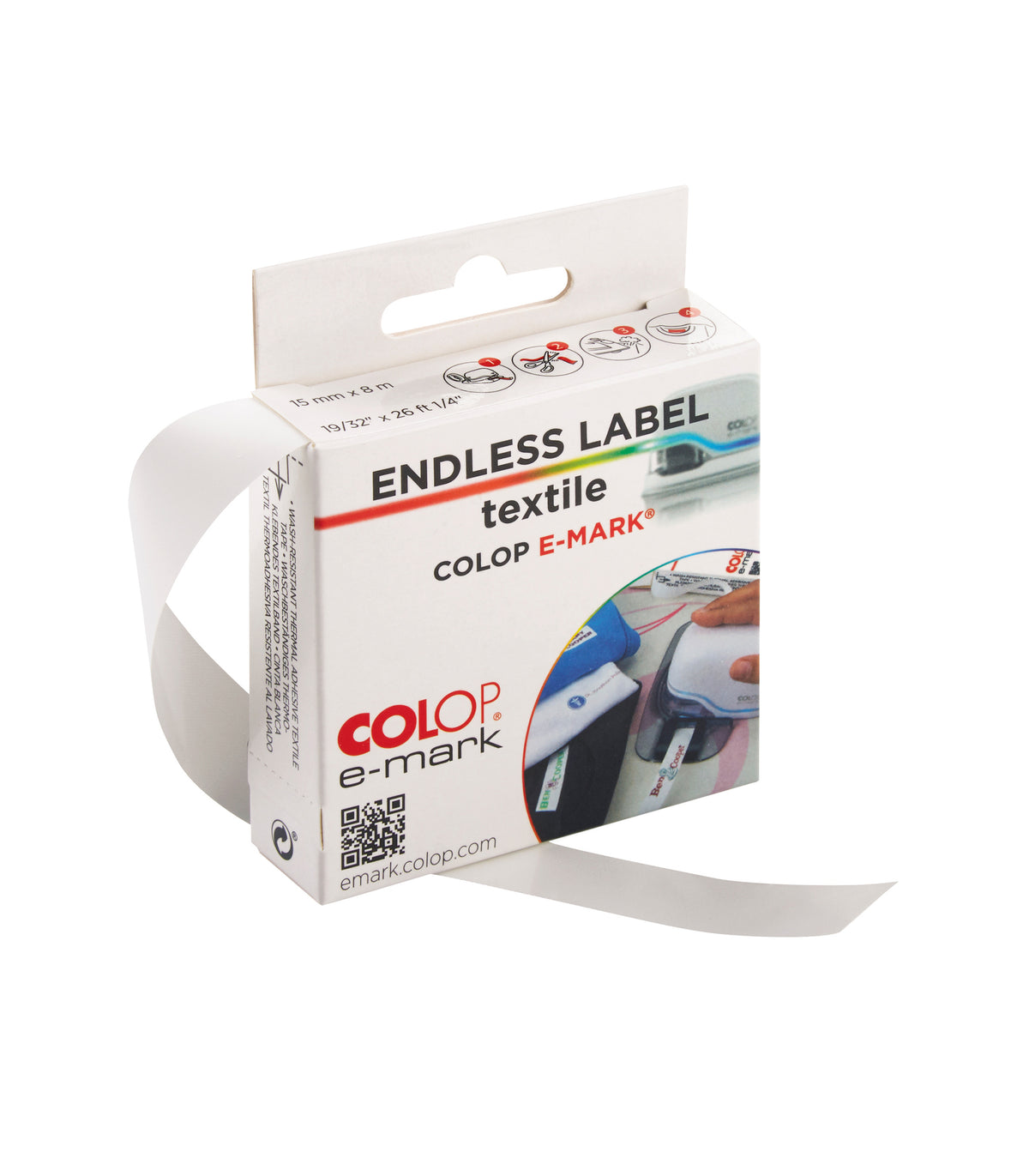 Colop e-mark GO – Endlos-Etiketten 15 × 8 m – Textil, weiss – für Colop e-mark und e-mark GO – waschbeständig