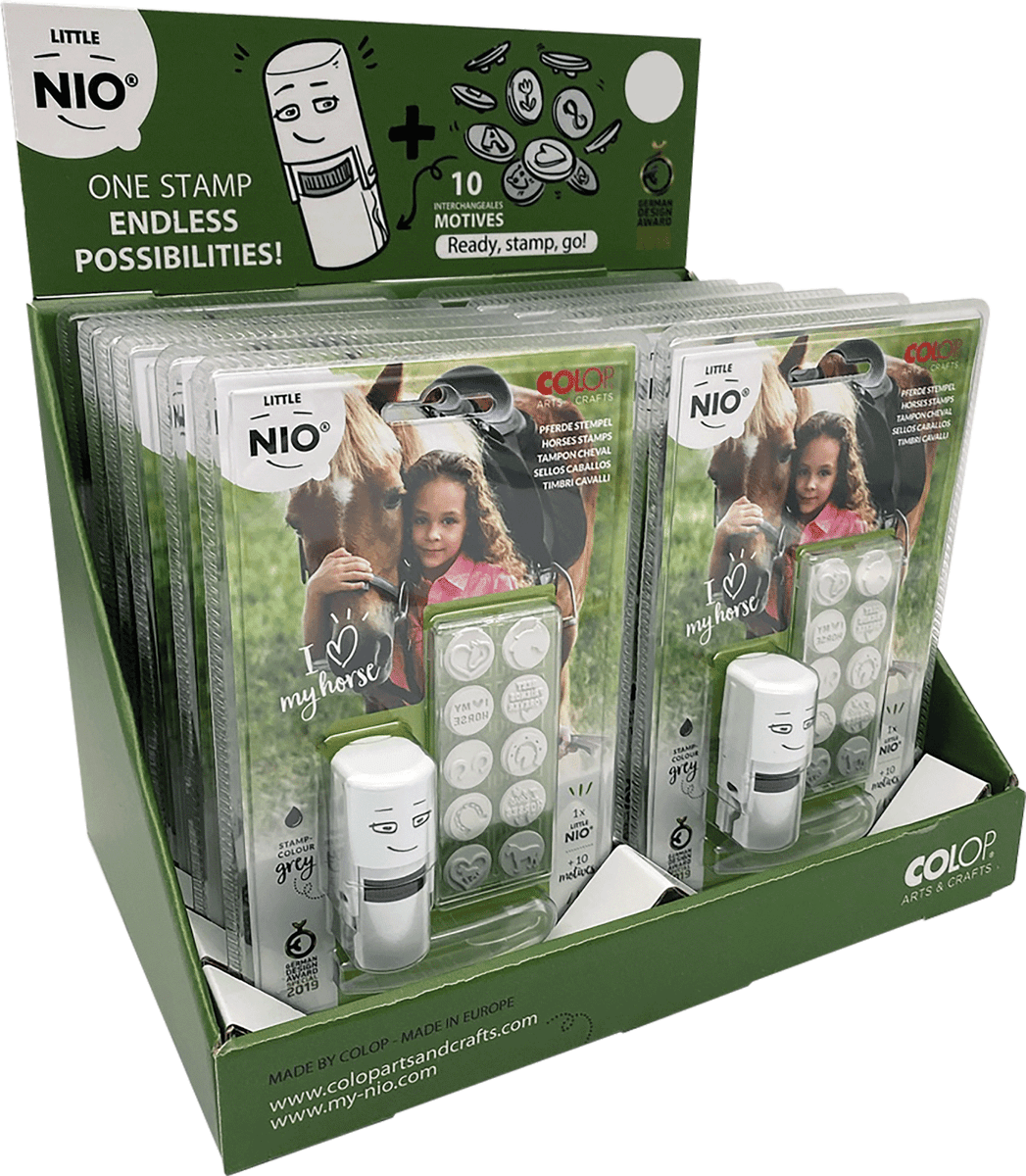 Colop Little NIO – Selbstfärbender Motivstempel, Motiv Pferde – Ø 17 mm – Grau